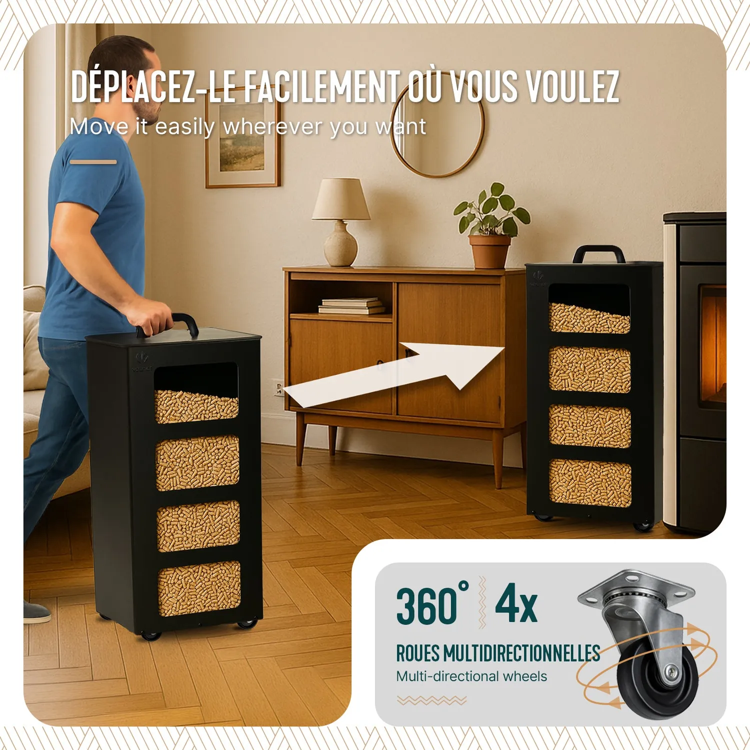 VOUNOT porta pellet 45 kg 36x36x76 cm nero con ruote