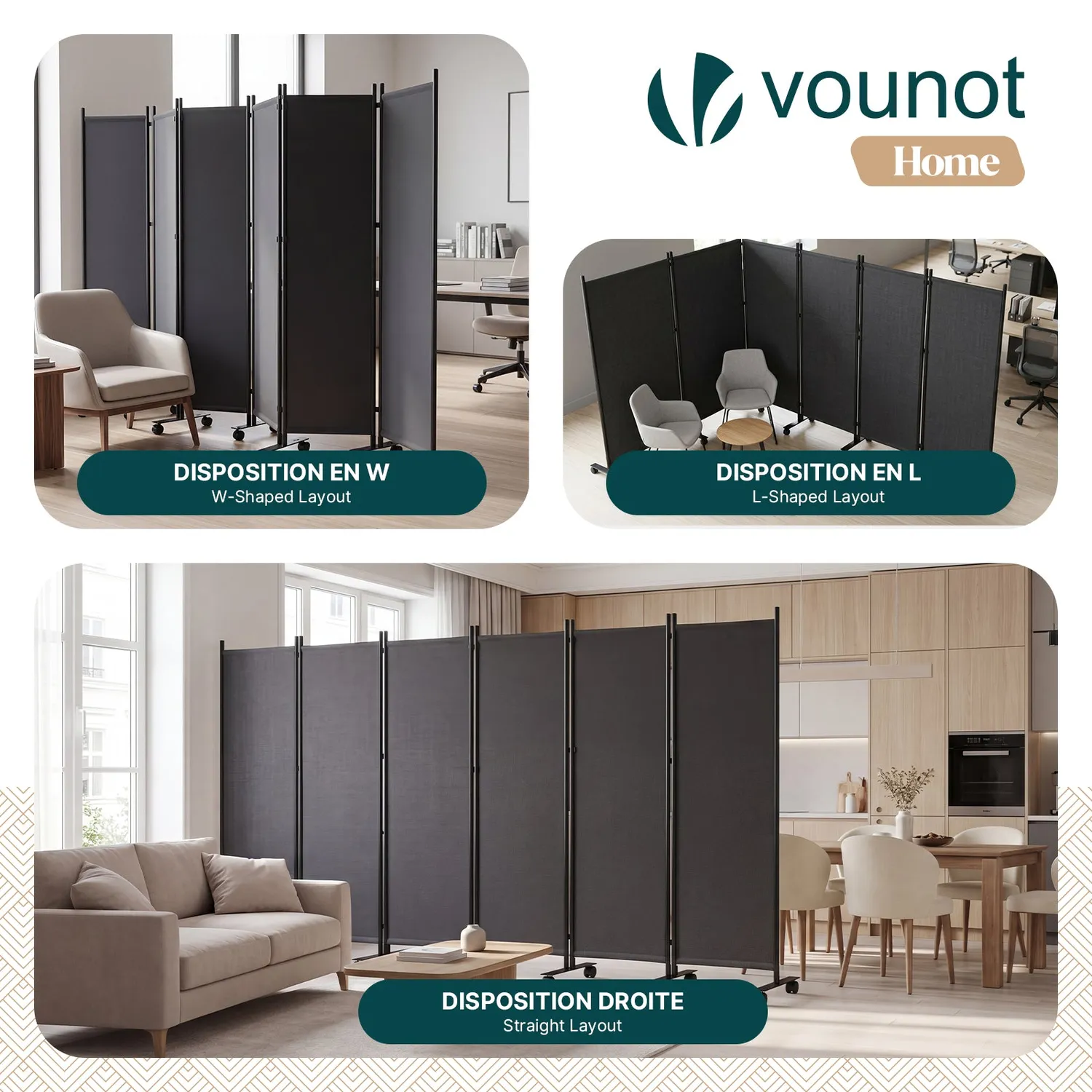 Vounot Paravento Interno 6 Pannelli 340x171 Antracite con Ruote