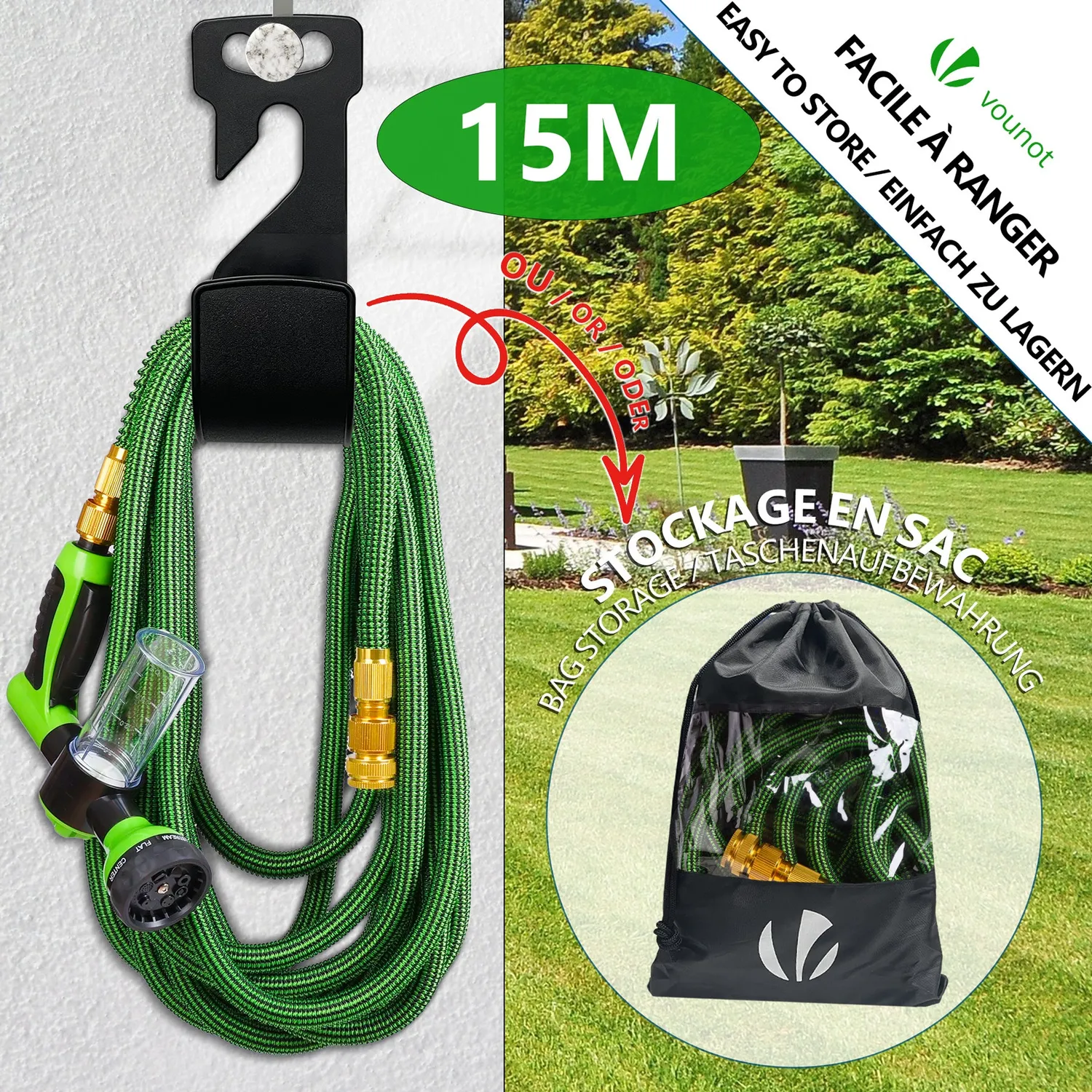 VOUNOT Tubo Irrigazione Estensibile Verde 15m 8 getti