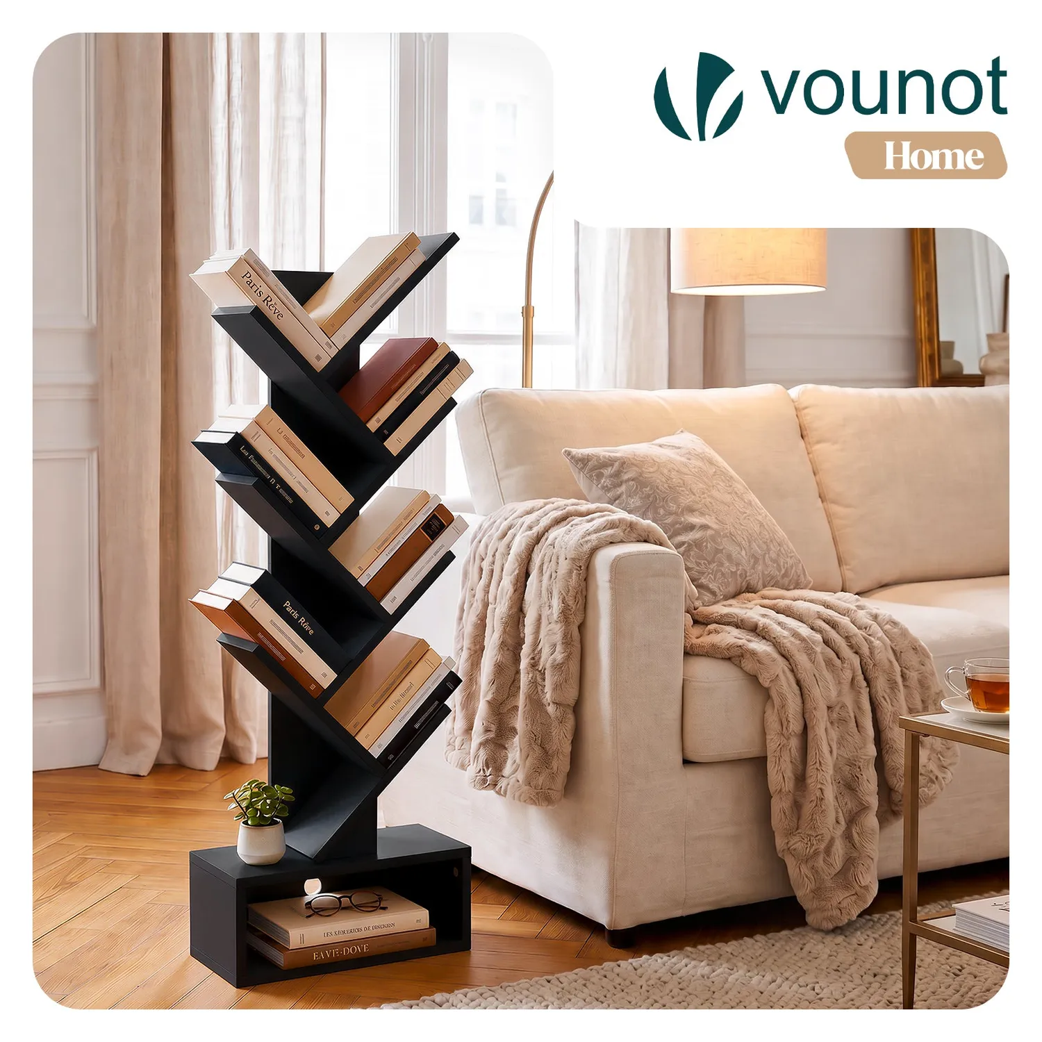 VOUNOT Libreria Albero Nera 38x19x113cm 6 Ripiani