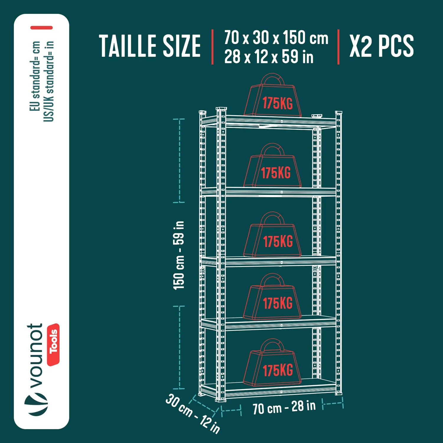 VOUNOT Scaffale metallo 5 ripiani 70x30x150cm 2 pezzi portata 175kg