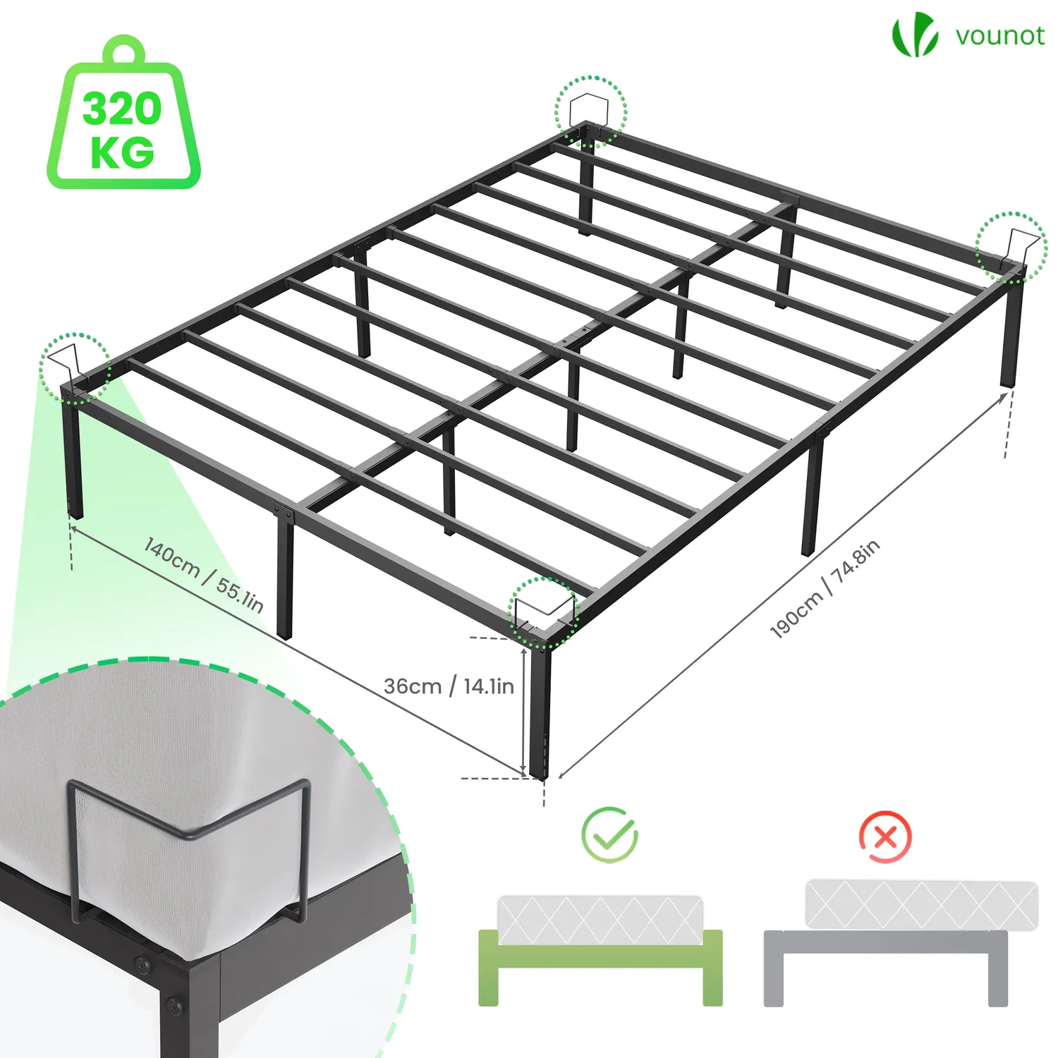 VOUNOT giroletto in metallo nero 140x190 cm altezza 36 cm