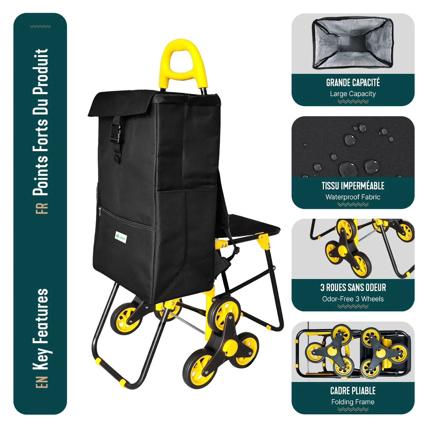VOUNOT Carrello Spesa Pieghevole Giallo 40L con seduta