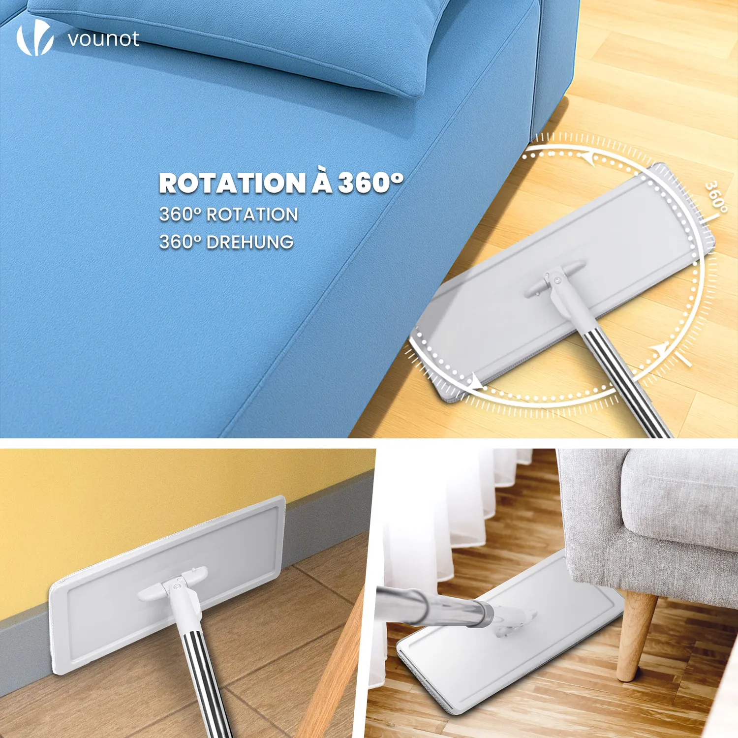 VOUNOT Mocio Piatto con Secchio Strizzatore Bianco 6 Panni