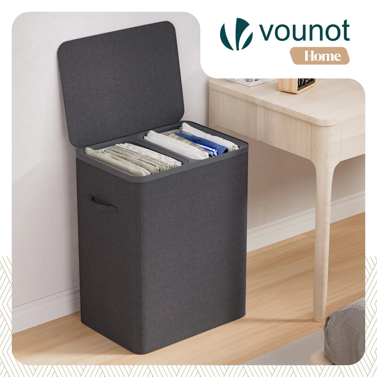 VOUNOT Cesto Portabiancheria 150L Antracite 2 Scomparti Pieghevole