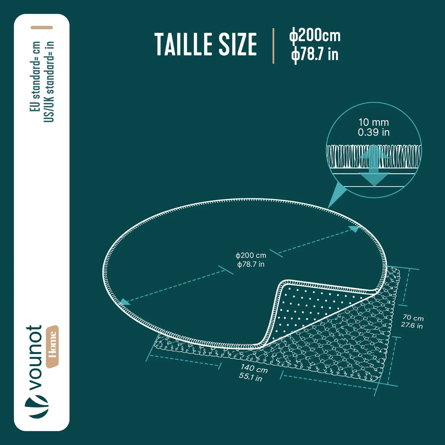 VOUNOT Tappeto Soggiorno Rotondo Crema Ø200 cm Pelo Raso