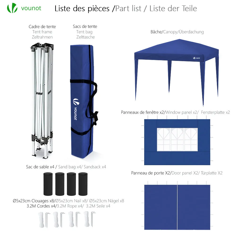 Vounot Gazebo Pieghevole 3x3m Blu con Pareti e Finestre