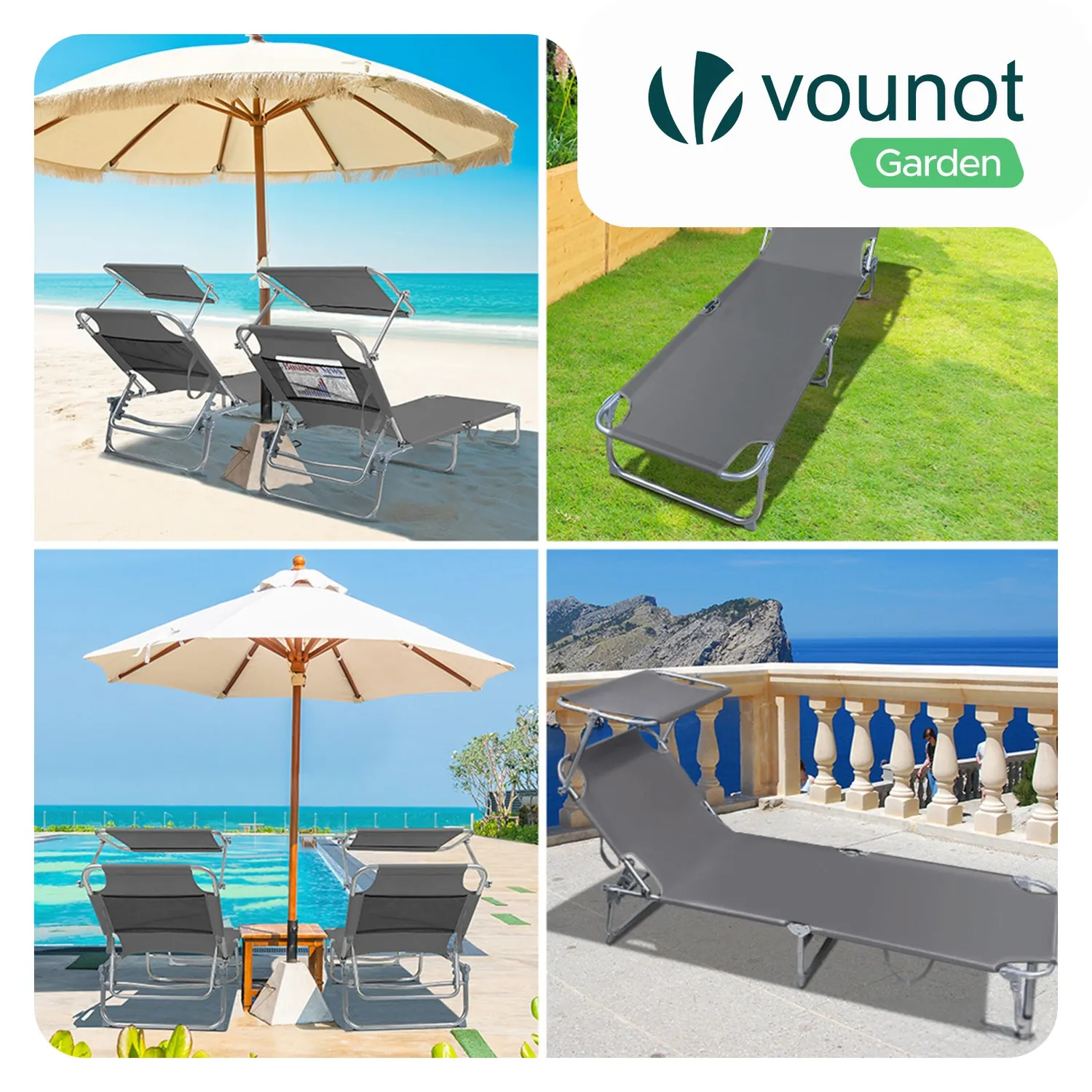 VOUNOT Lettino Prendisole Grigio 190 cm Parasole 2 Pezzi