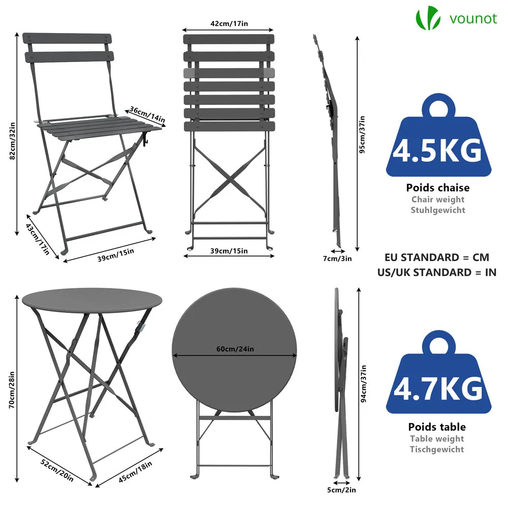 VOUNOT set bistrot 3 pezzi tavolo+2 sedie acciaio grigio pieghevole