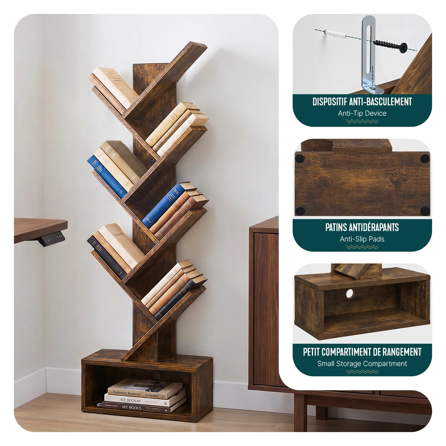 VOUNOT Libreria albero 6 ripiani 38x19x113cm marrone rustico MDF