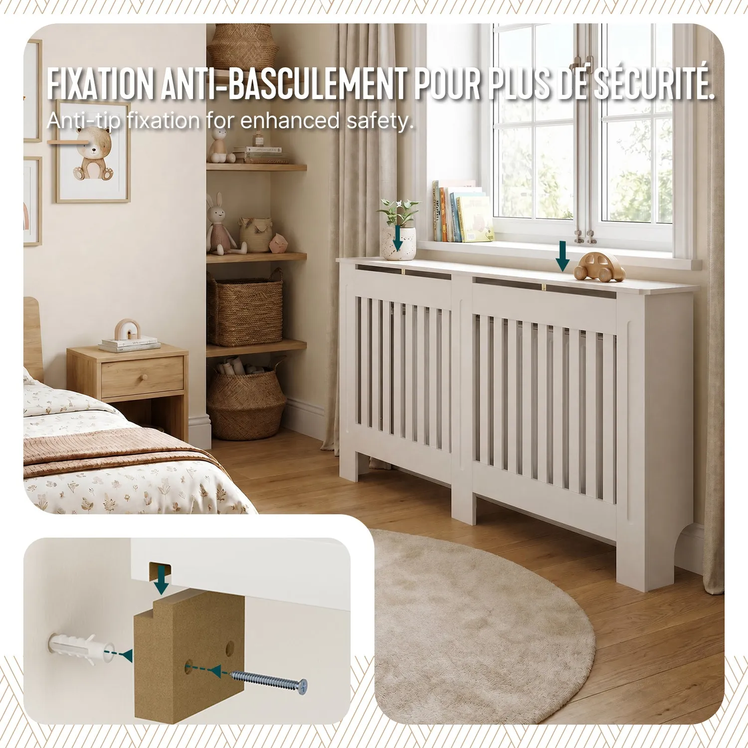 Vounot copritermosifone 152x19x82 bianco MDF a lamelle