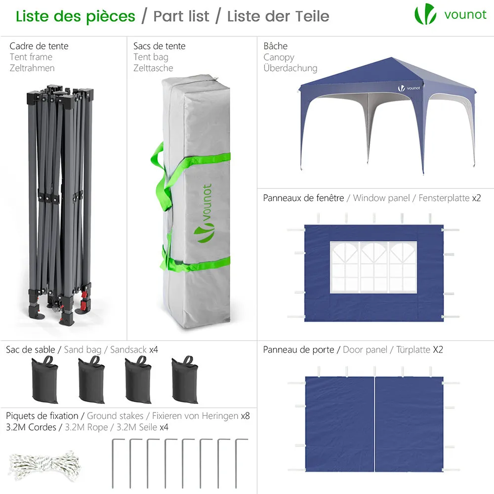 Vounot Gazebo Pieghevole 3x3 m Blu Impermeabile Anti-UV