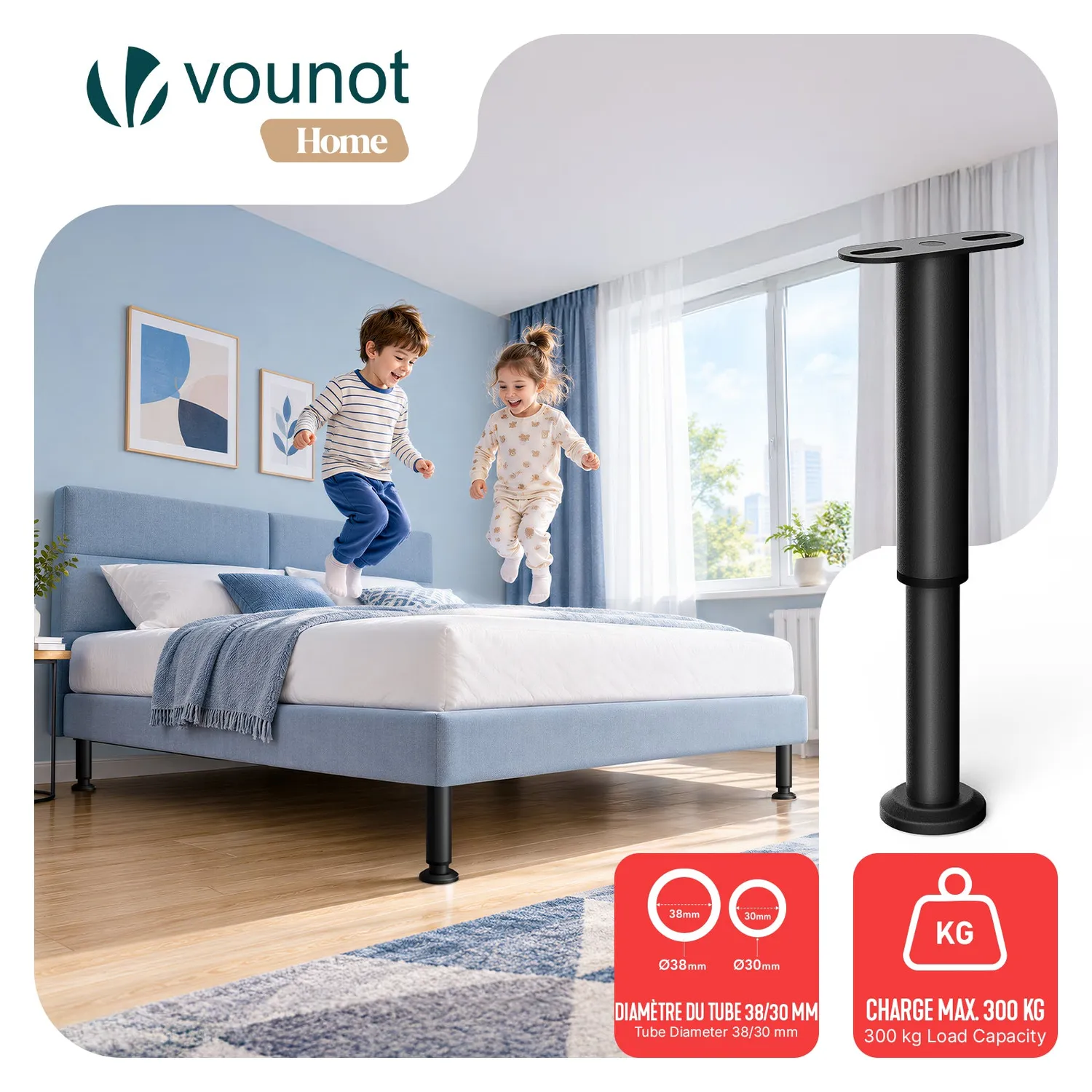 VOUNOT Piedini Letto 25-43cm Neri 4 Pezzi Regolabili
