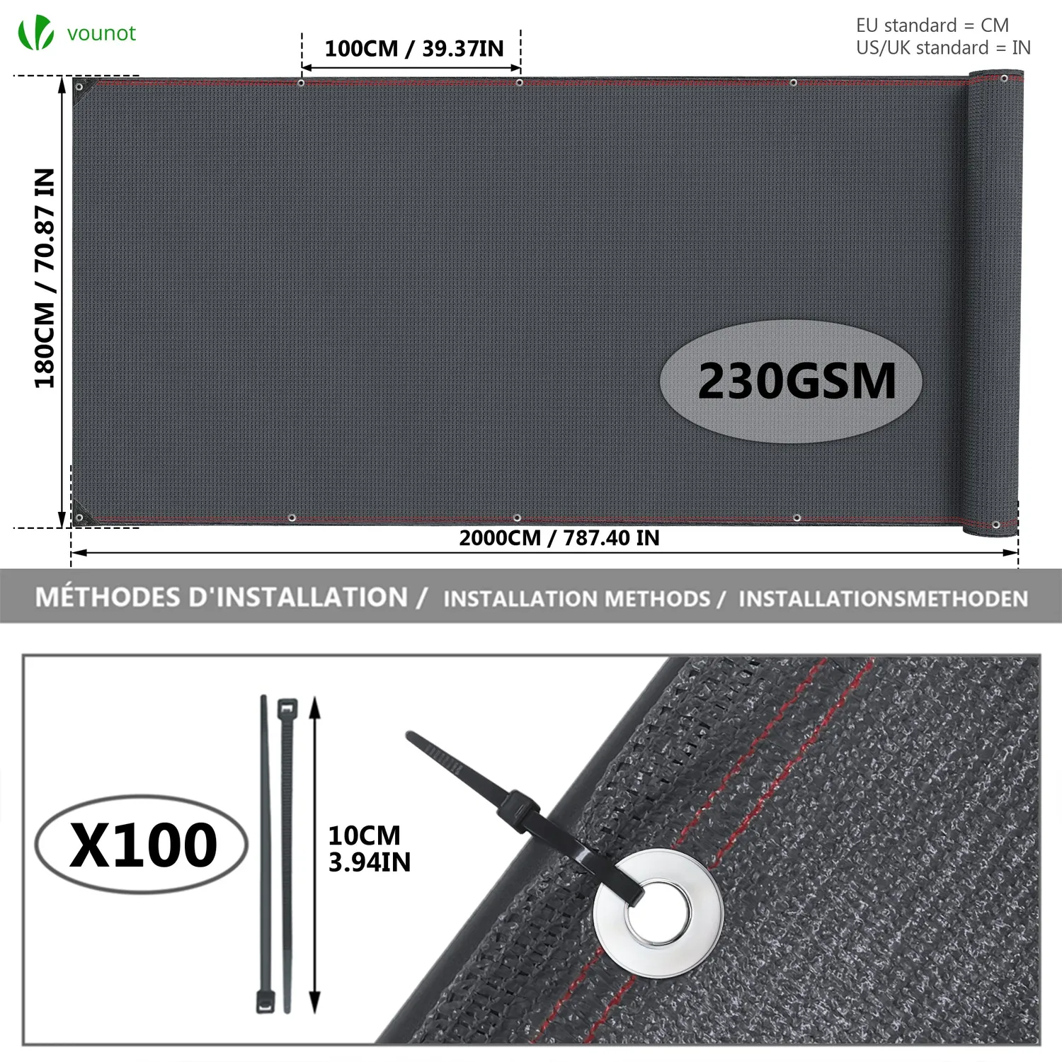 Vounot Frangivista HDPE 1,8x20m Antracite 230g