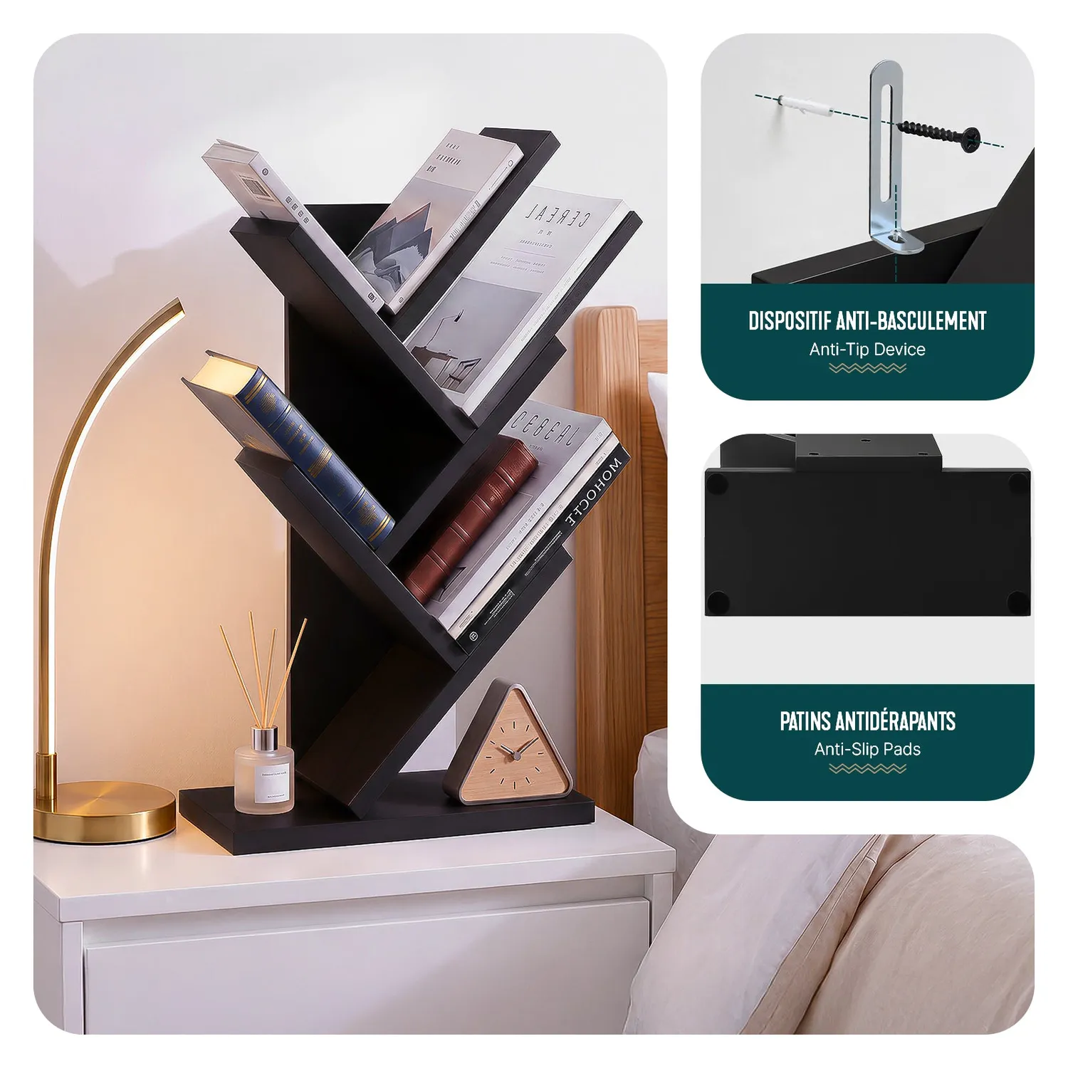 Vounot Albero libreria albero nera 30x16x60 cm compatta