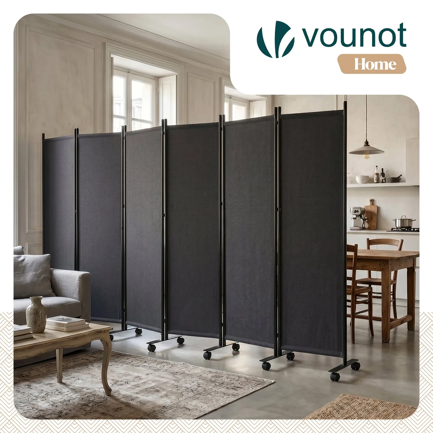 Vounot Paravento Interno 6 Pannelli 340x171 Antracite con Ruote