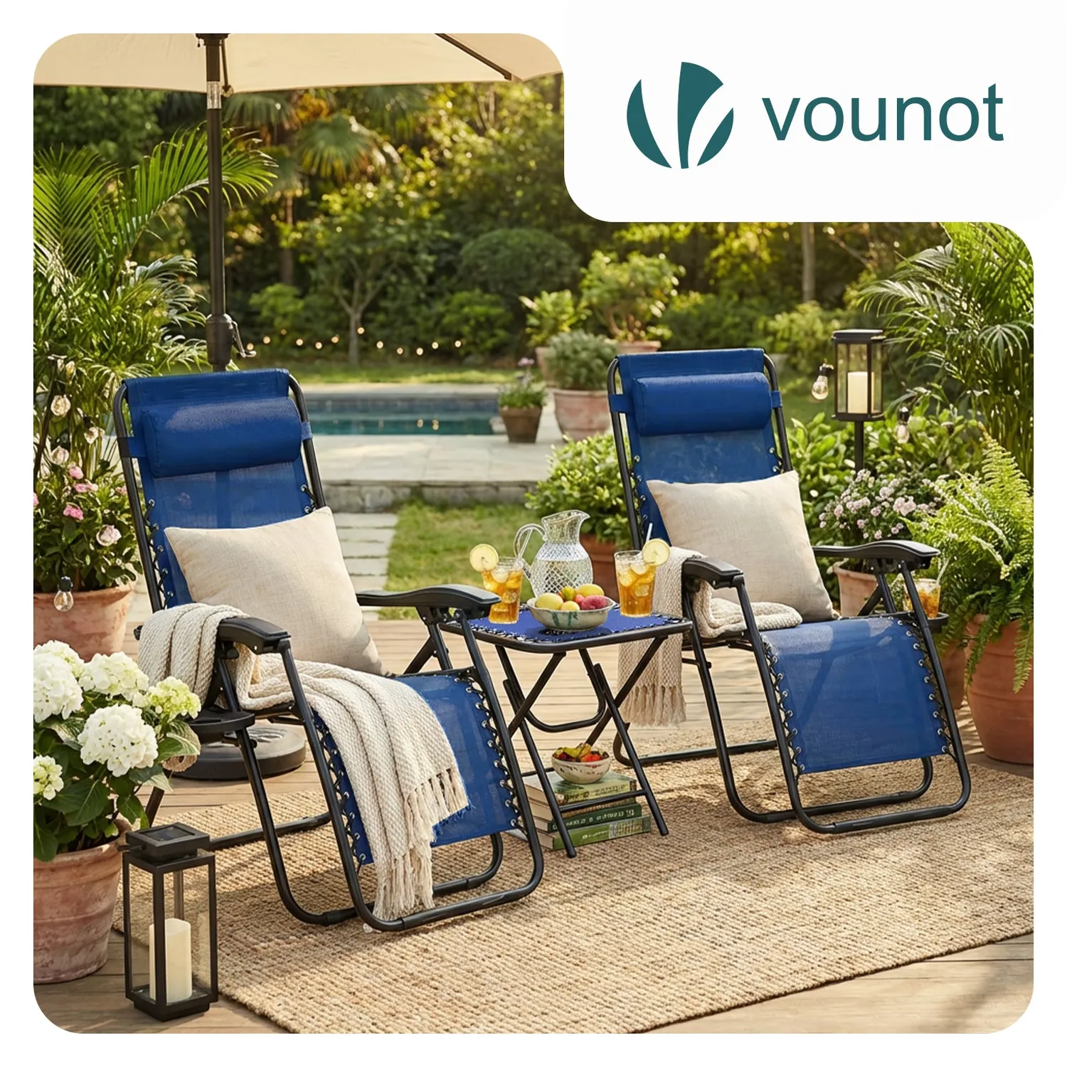 VOUNOT Set 2 sdraio reclinabili textilene blu con tavolo