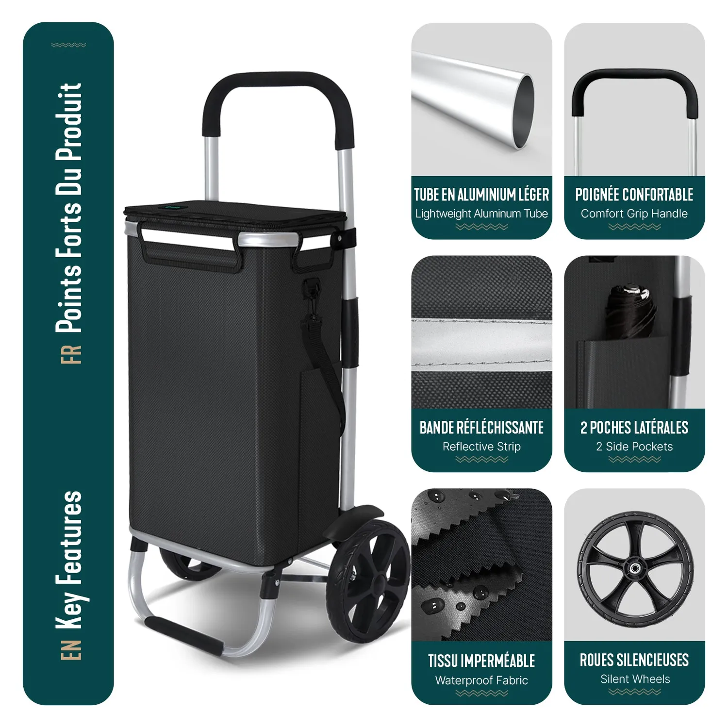 VOUNOT Carrello Spesa Pieghevole Nero 58L con Borsa Termica