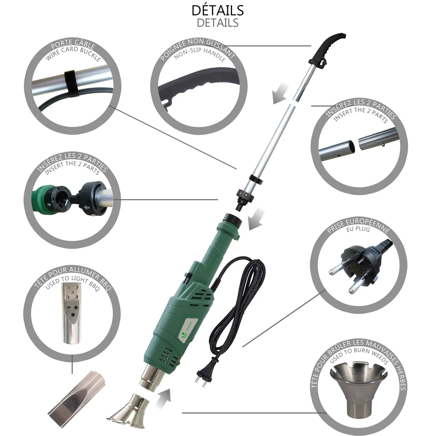 VOUNOT Diserbante elettrico 2000W con cavo 5 m