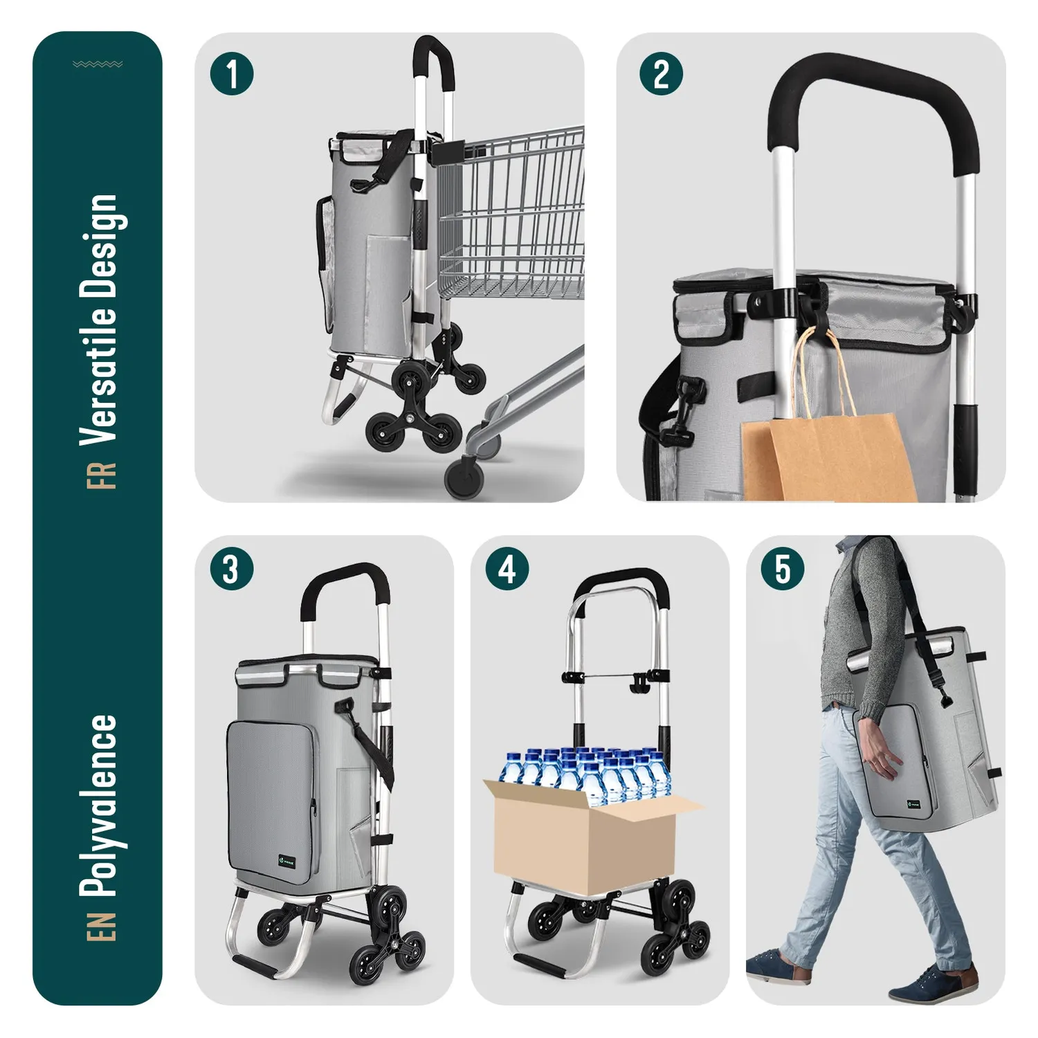 Vounot carrello spesa saliscale pieghevole alluminio grigio 50 L