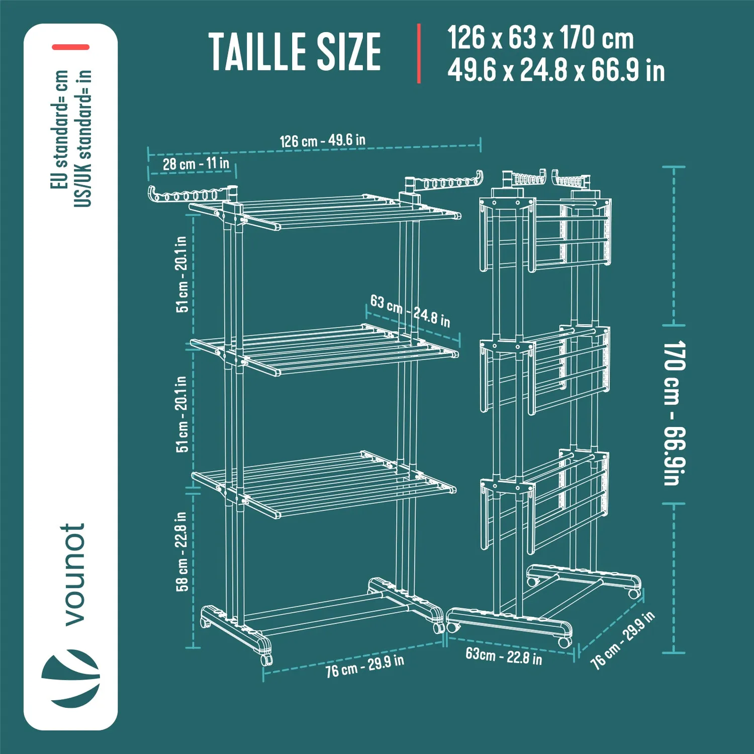 VOUNOT stendibiancheria torre 4 piani 126x63x170 grigio
