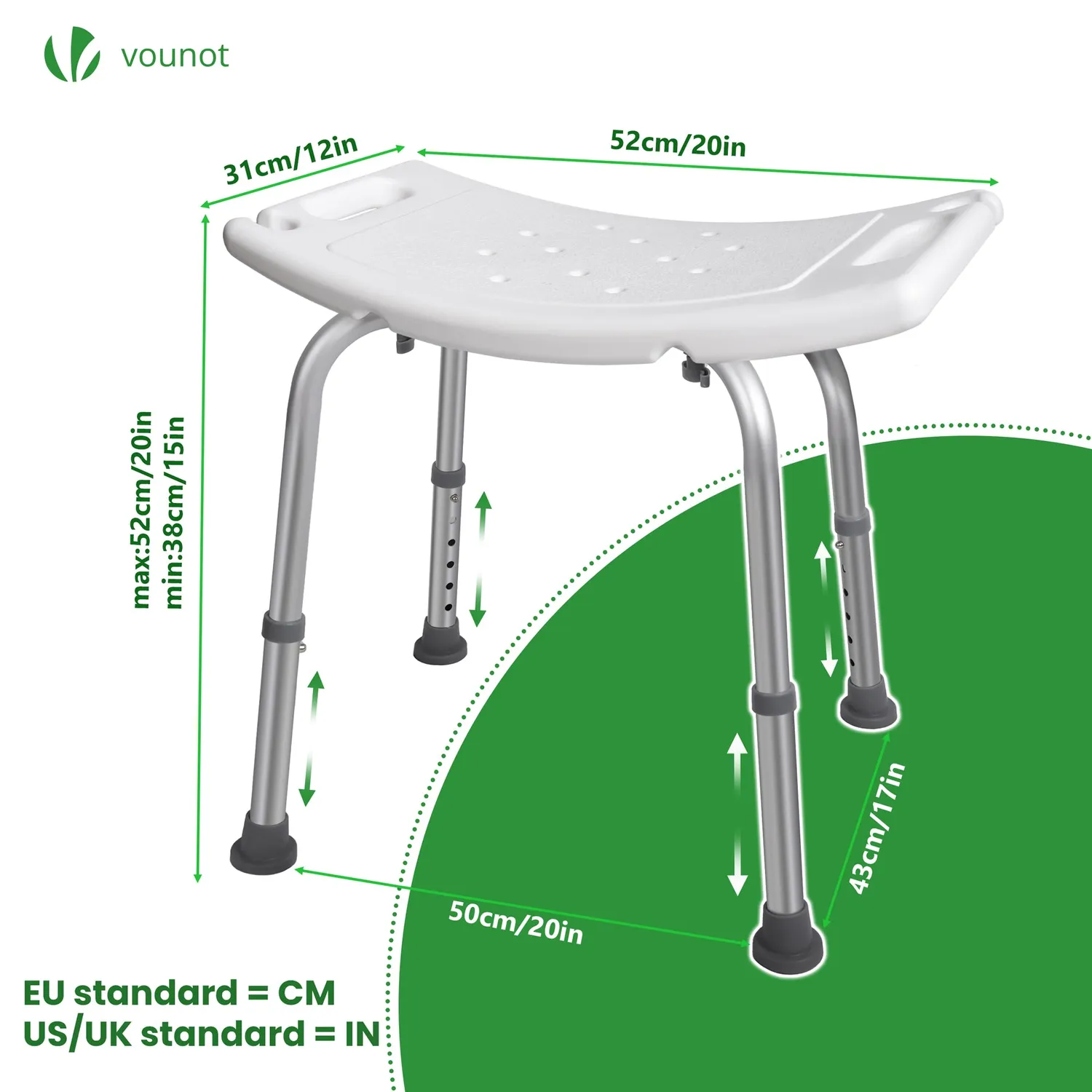 Vounot Sgabello Doccia Regolabile Bianco Alluminio 136kg