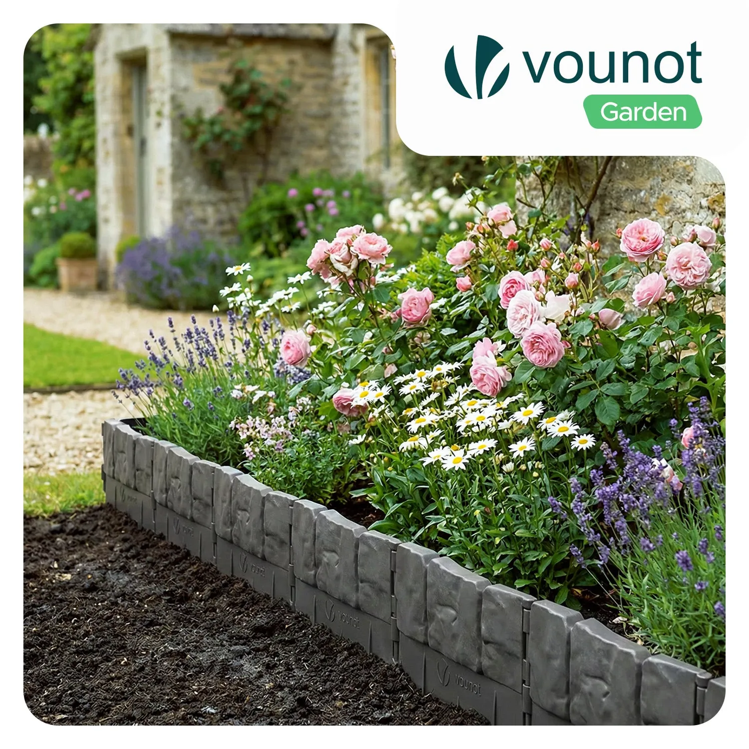 VOUNOT Bordura Giardino Effetto Pietra Grigia 21,4m 140 Pezzi