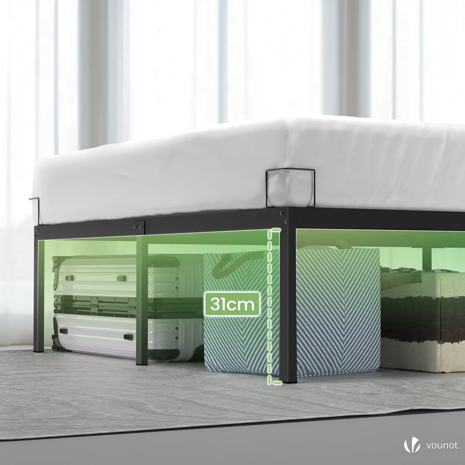 VOUNOT Struttura Letto Metallo 160x200 Nero con Vano 36cm