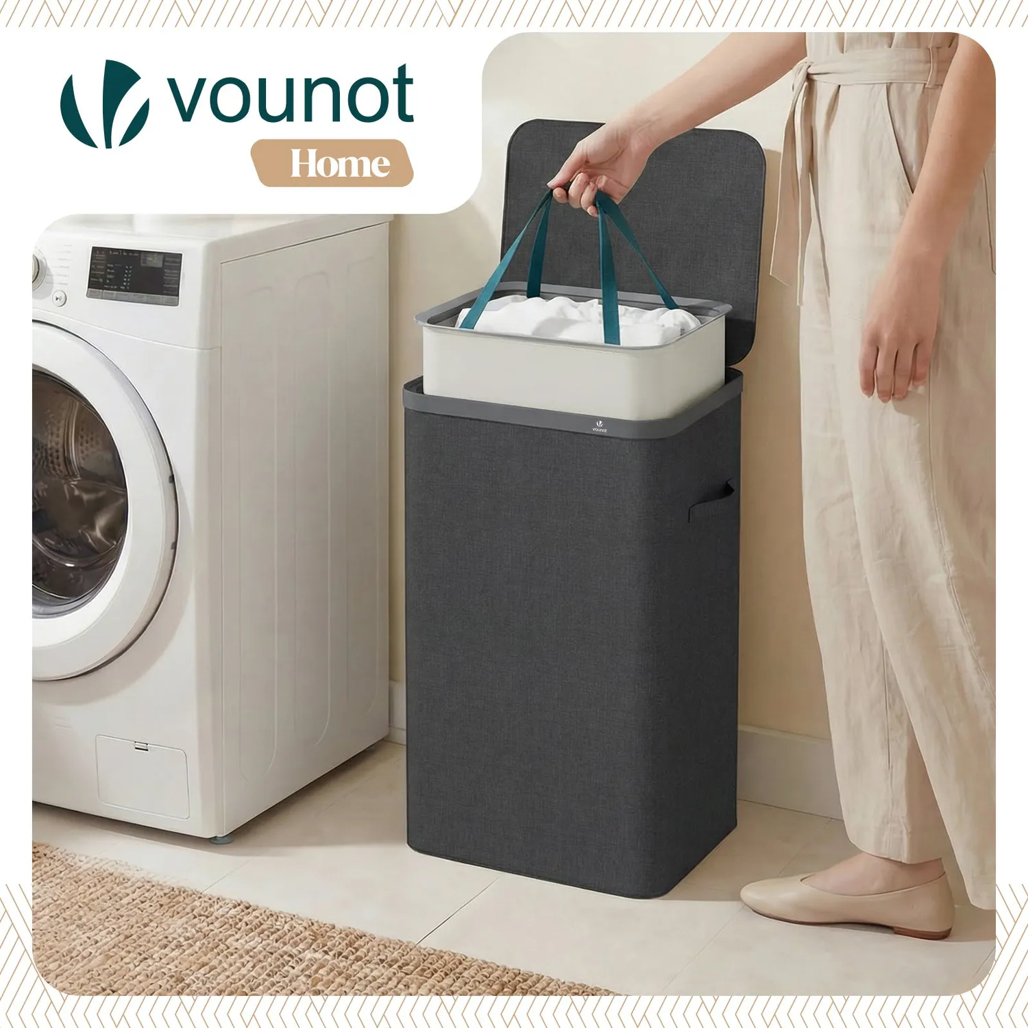 VOUNOT Cesto Portabiancheria 90L Antracite con Coperchio