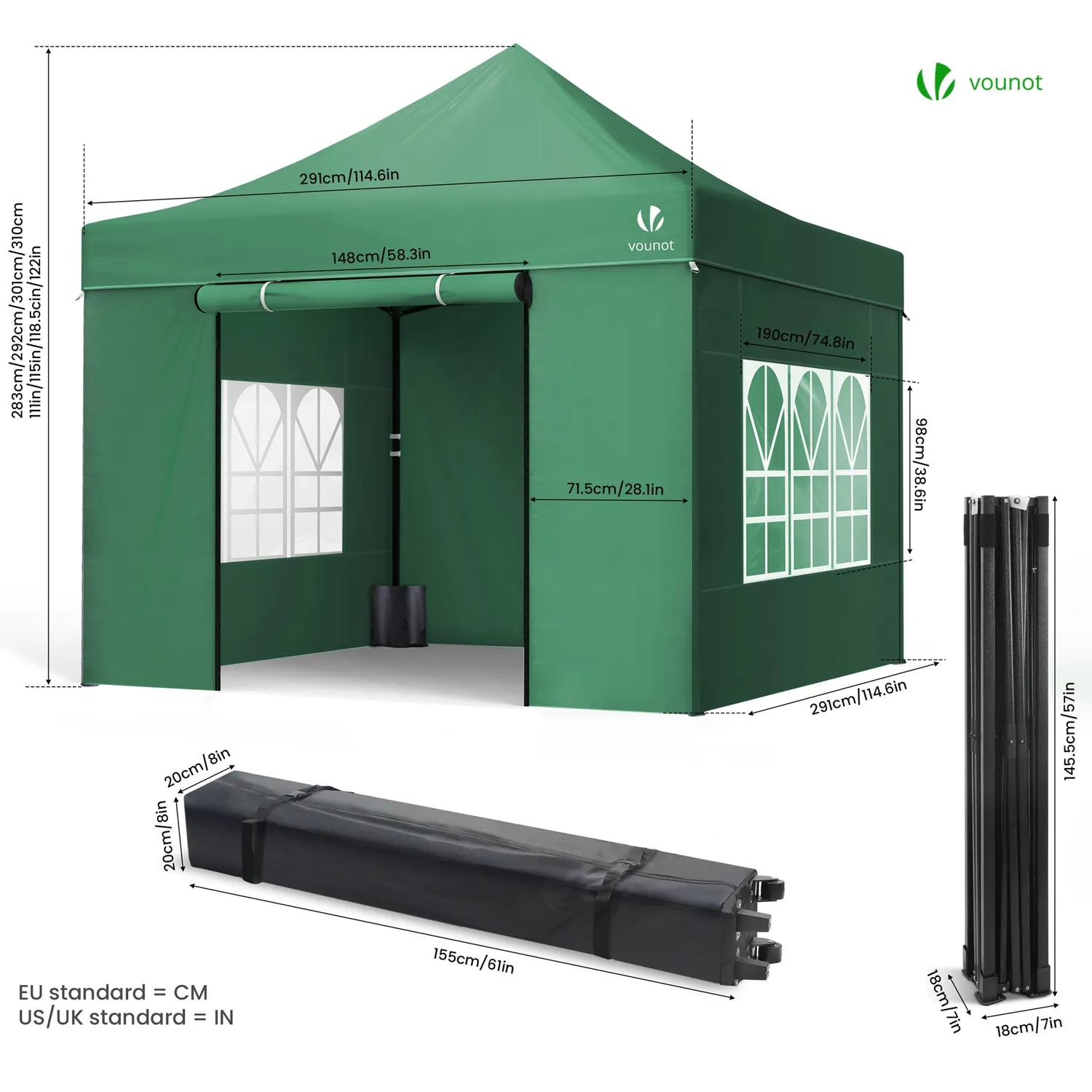 Vounot gazebo pieghevole 3x3m verde con 4 pareti rinforzato