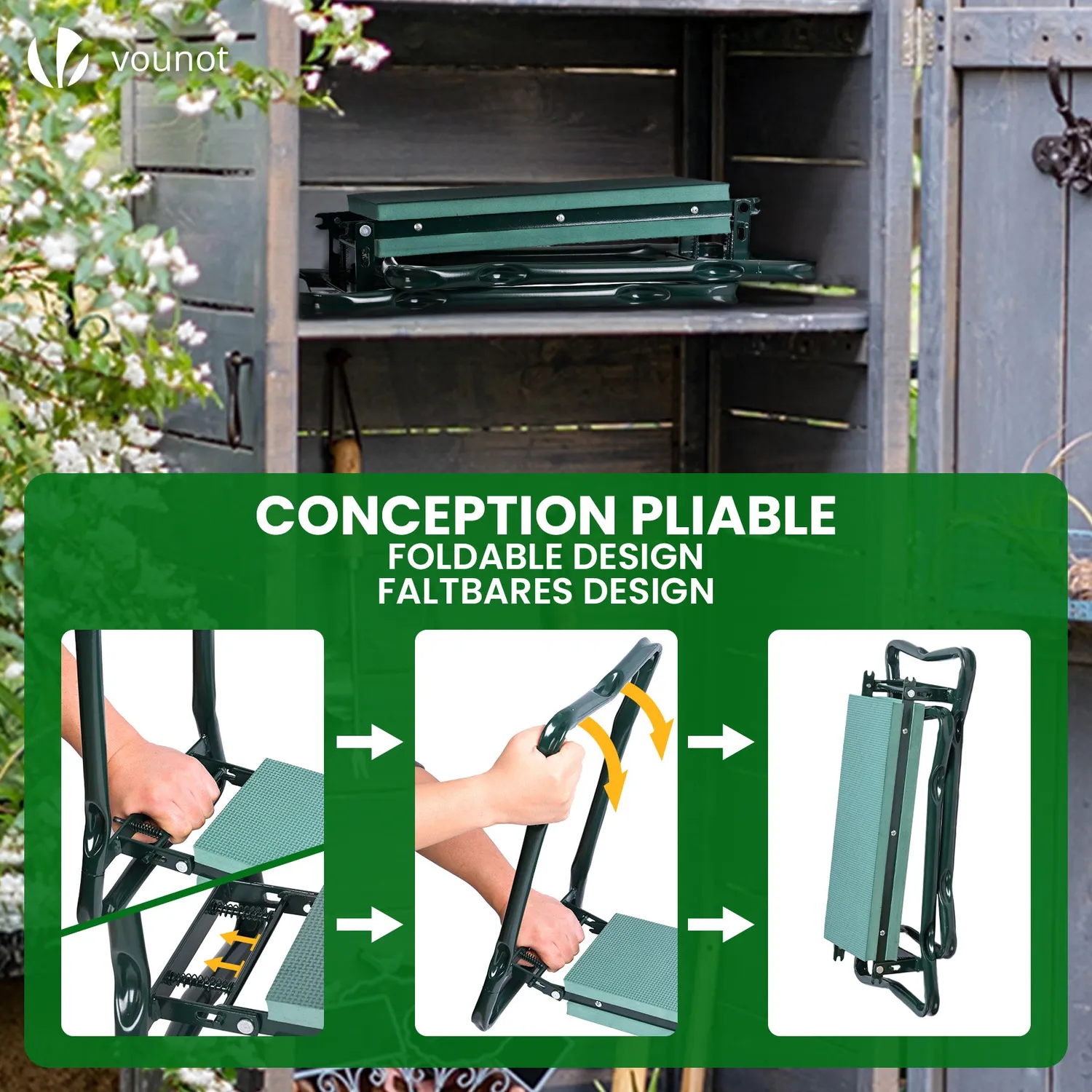 VOUNOT Sgabello ginocchiatoio giardino 2 in 1 verde pieghevole