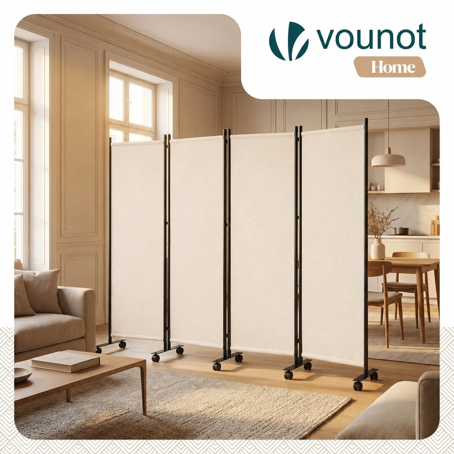 VOUNOT Paravento interno 4 pannelli con ruote beige 228x171 cm