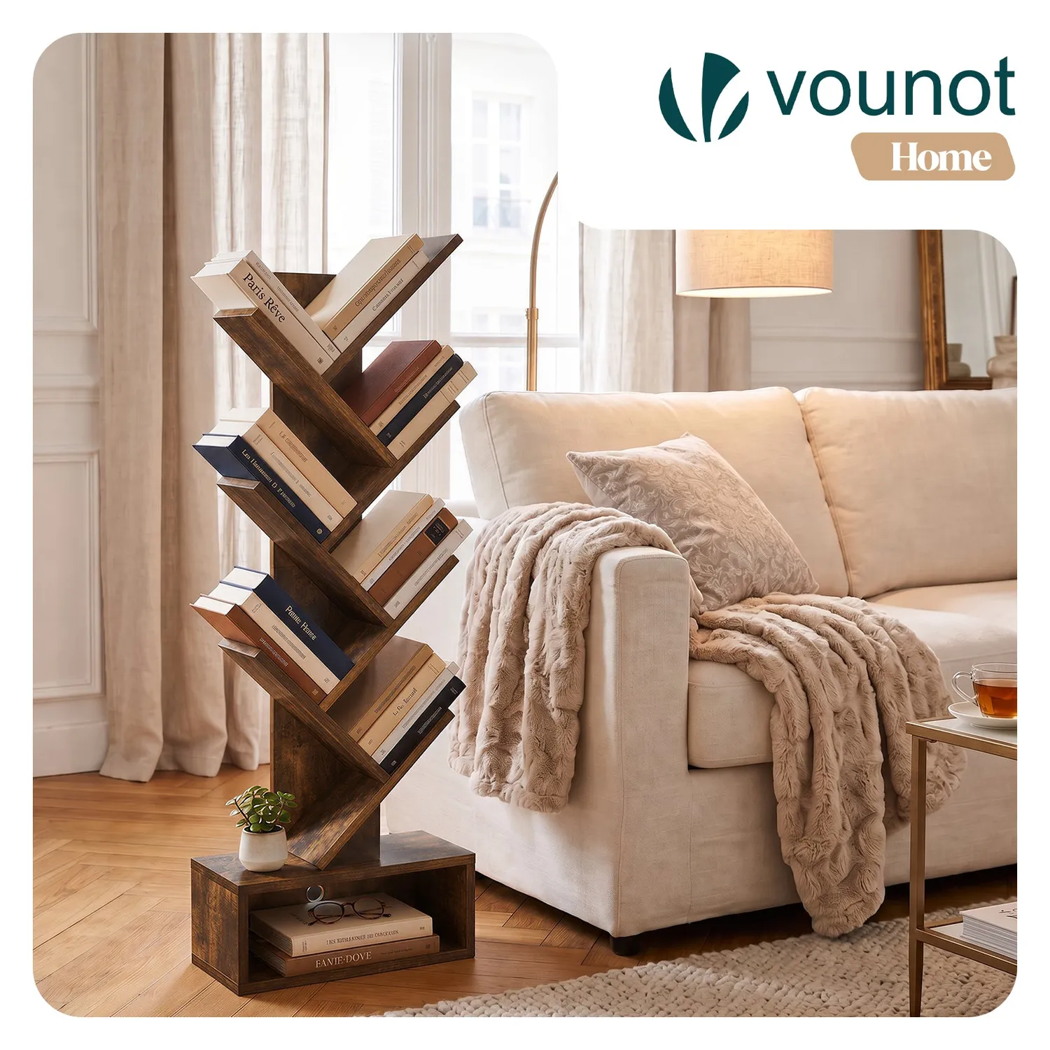 VOUNOT Libreria albero 6 ripiani 38x19x113cm marrone rustico MDF