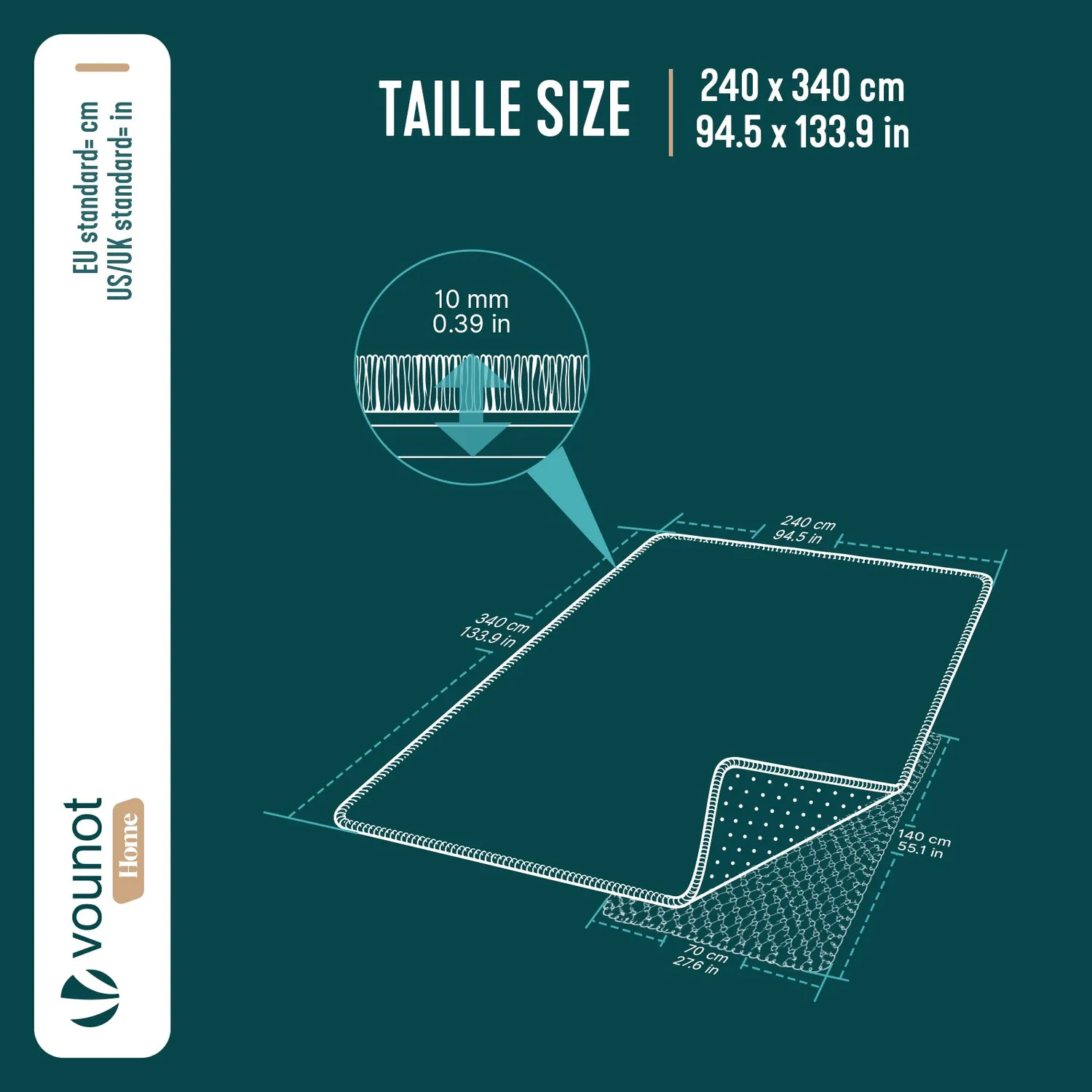 Vounot tappeto salotto pelo raso crema 240x340 cm morbido