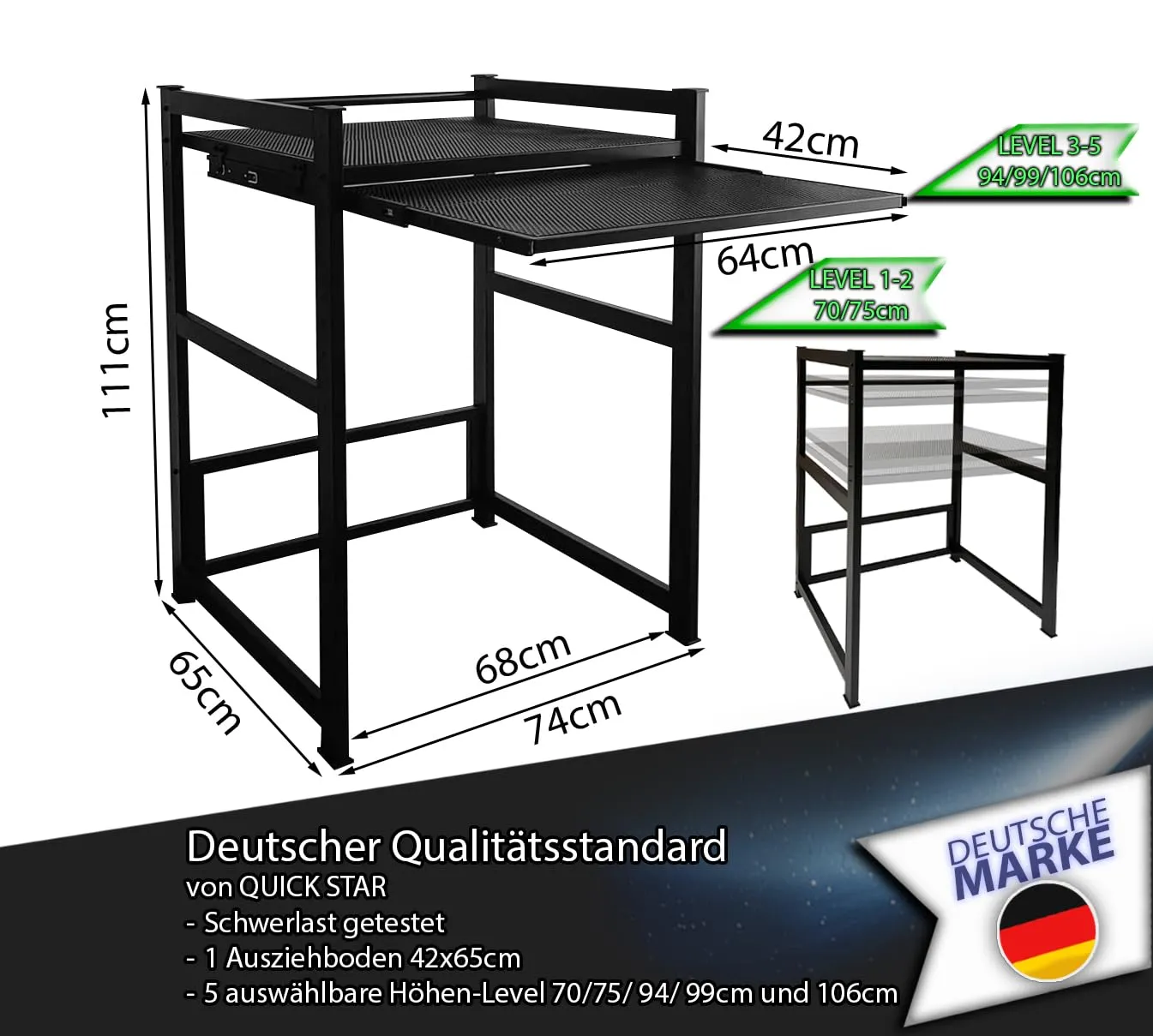 QUICK STAR Scaffale Lavatrice Nero con Vassoio 74x65x111 cm