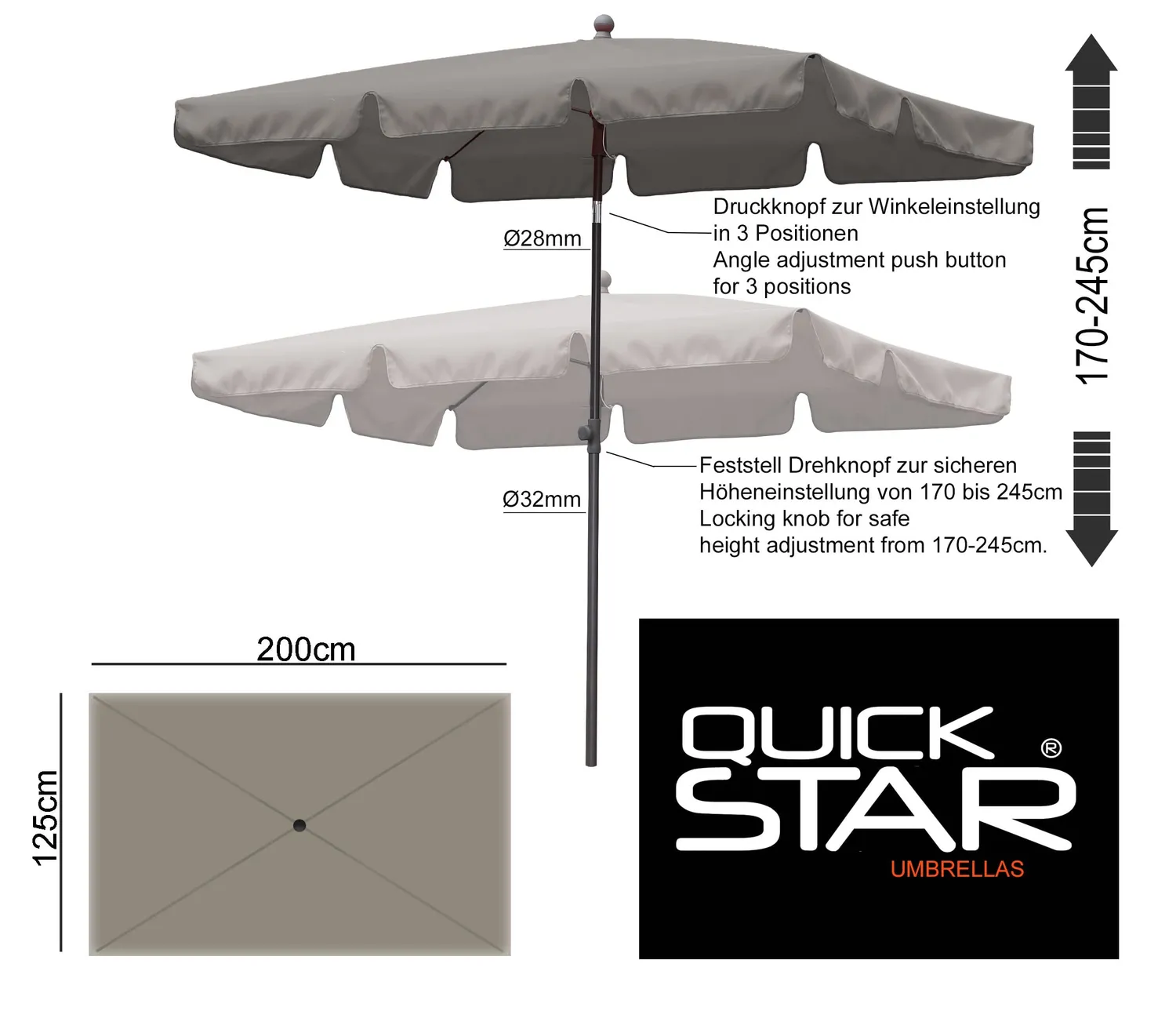 Quick Star ombrellone da balcone 2x1,25 m grigio pieghevole