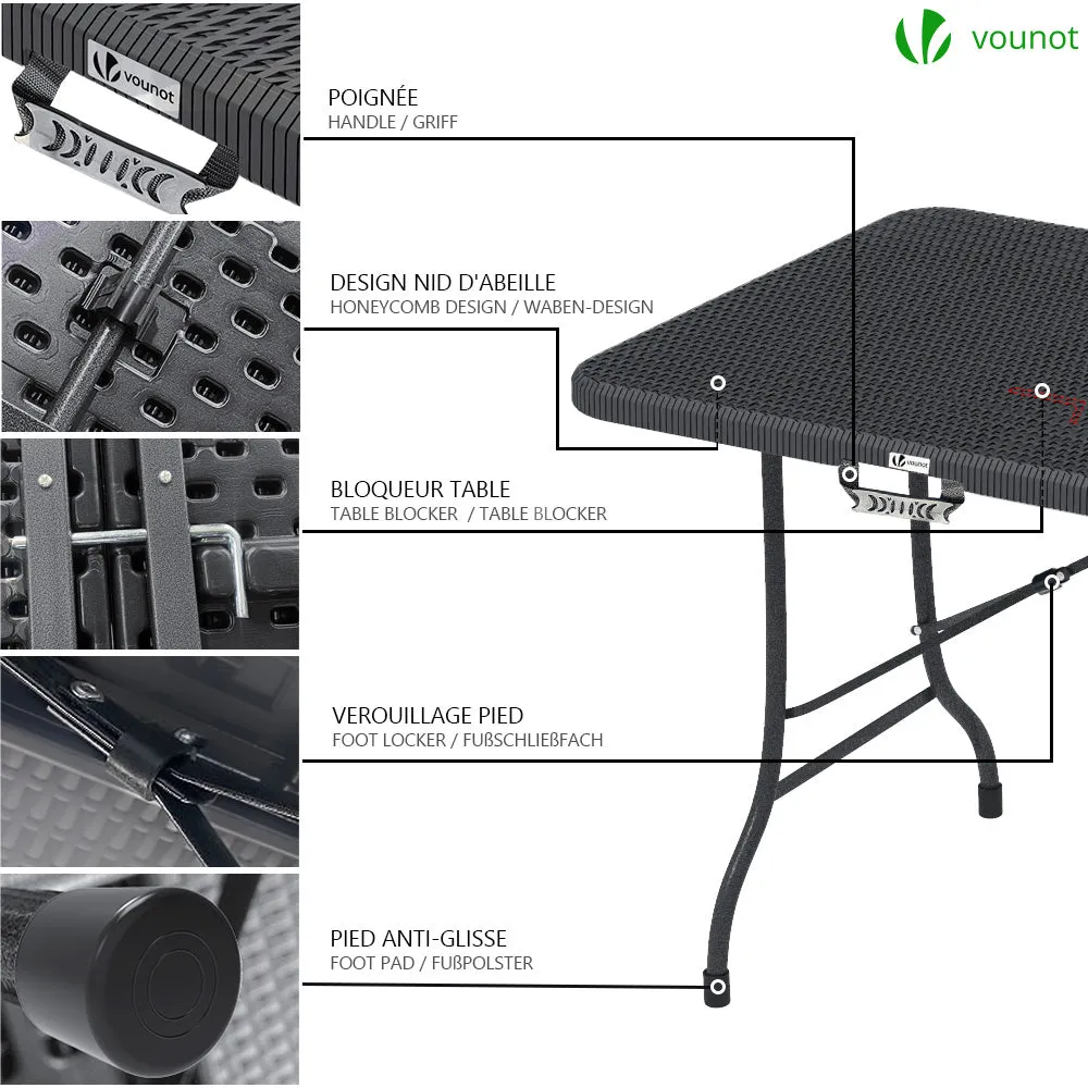 VOUNOT Set Tavolo + 2 Panche Pieghevoli 180 cm Nero HDPE