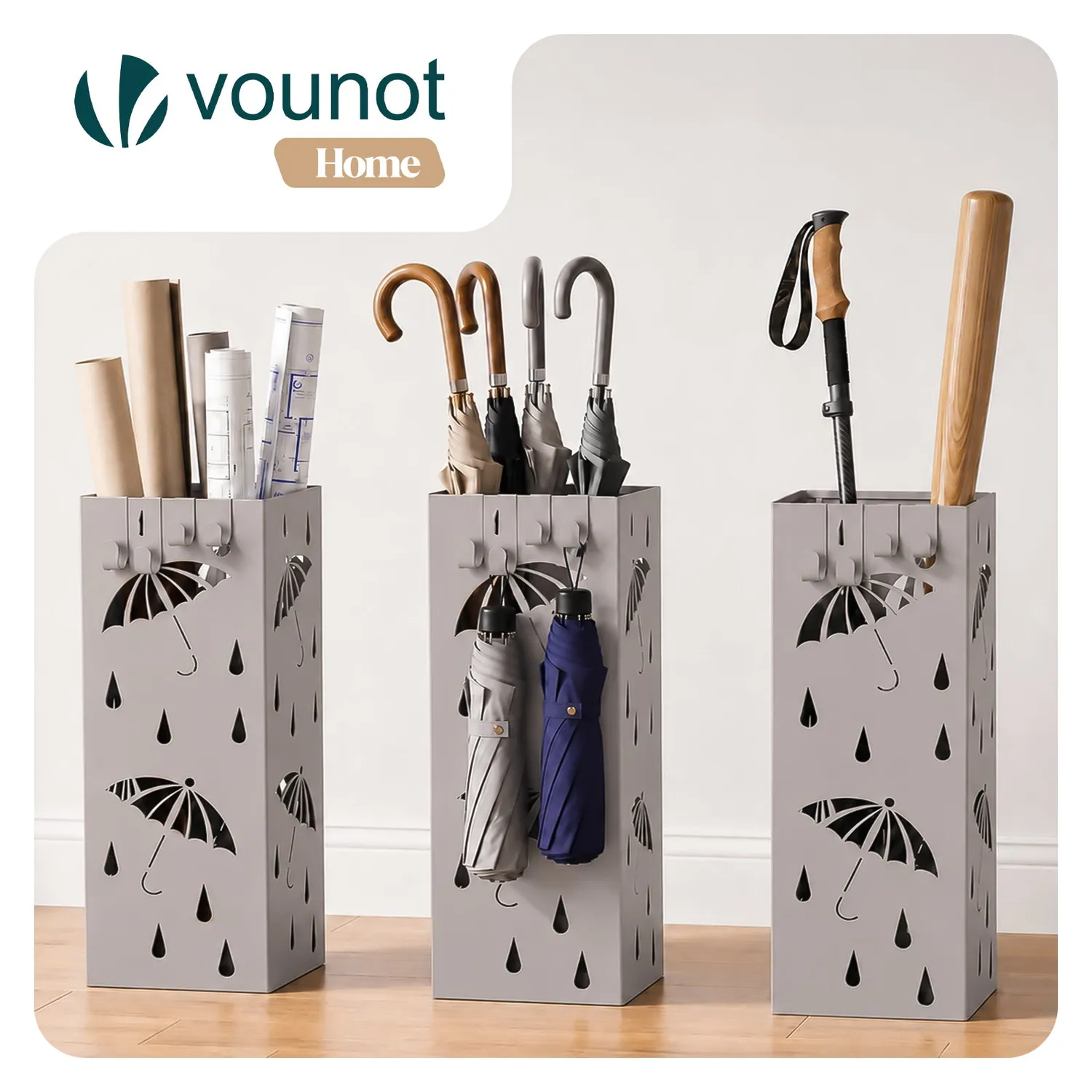 VOUNOT portaombrelli metallo beige con vaschetta 4 ganci