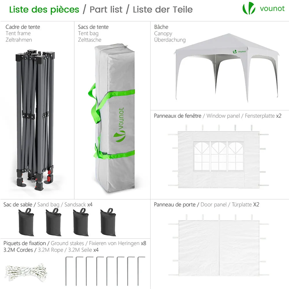 Vounot Gazebo Pieghevole 3x3m Bianco con Pareti e Finestre