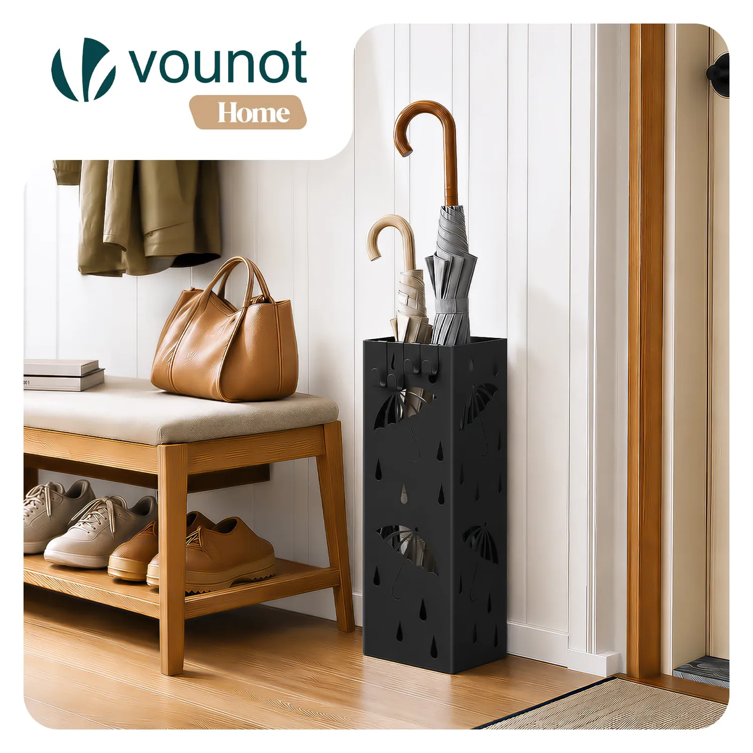 VOUNOT Portaombrelli in Metallo Nero 15,5x15,5x43,5 cm con vaschetta