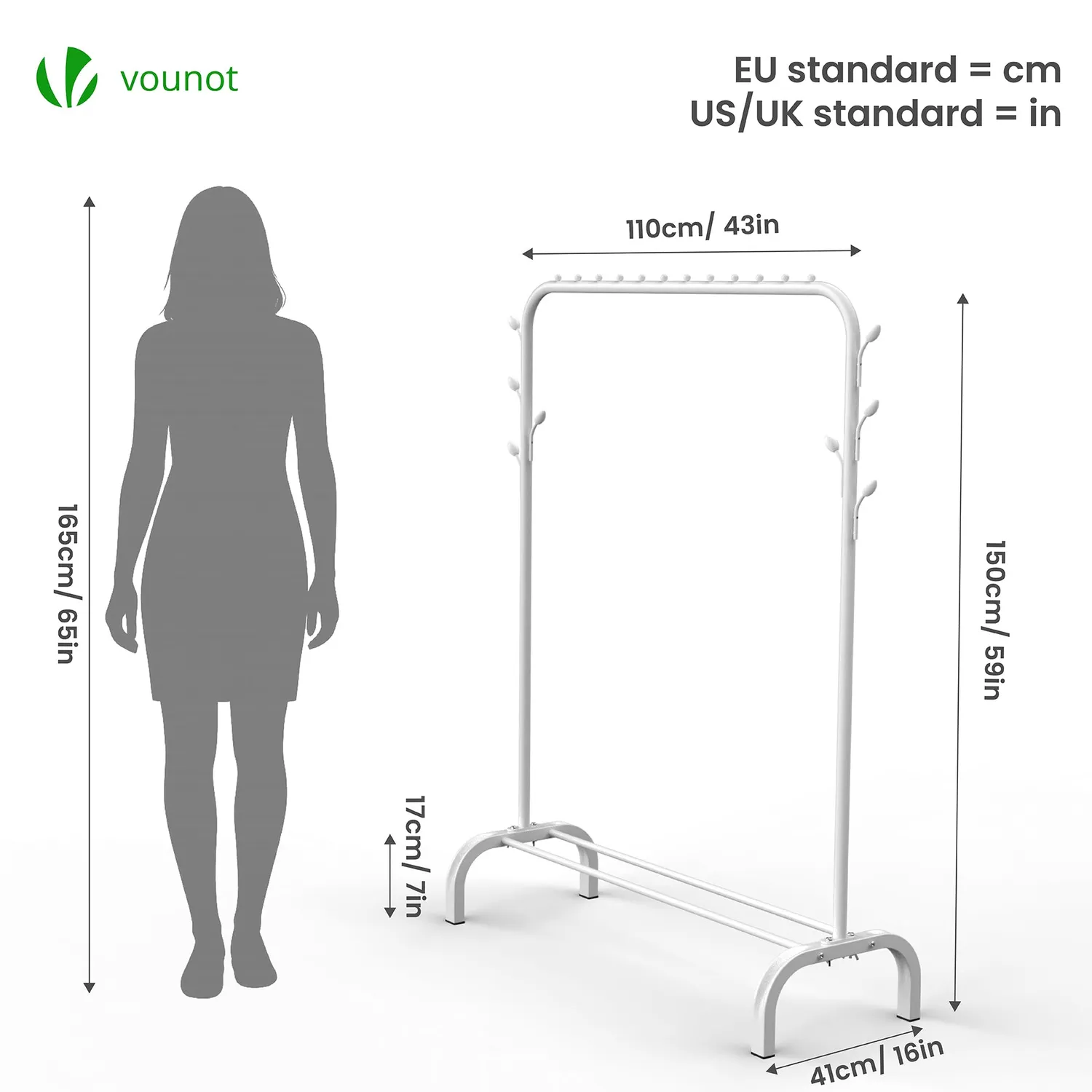 VOUNOT Stand appendiabiti metallo bianco 110x41x150cm