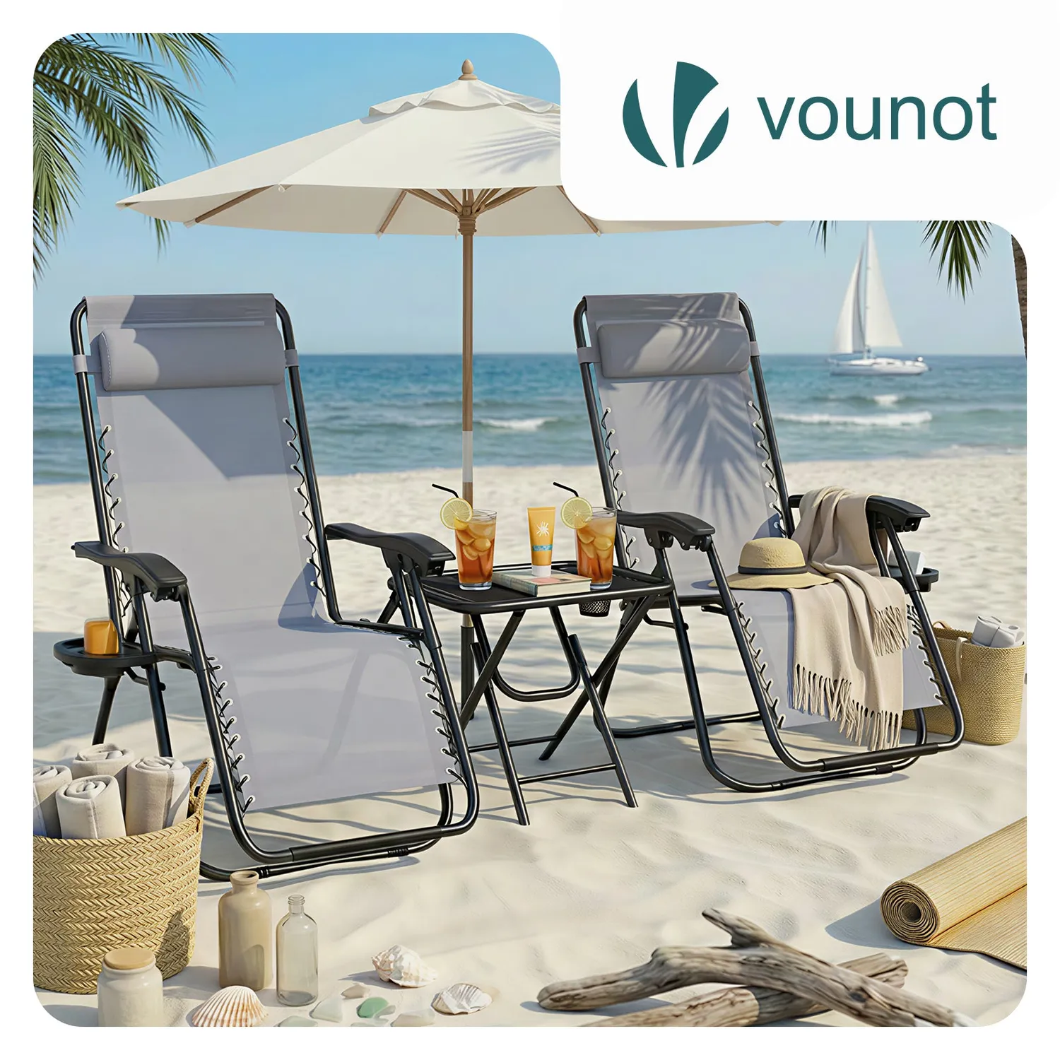 VOUNOT Set 2 Sdraio Textilene Grigie con Tavolino