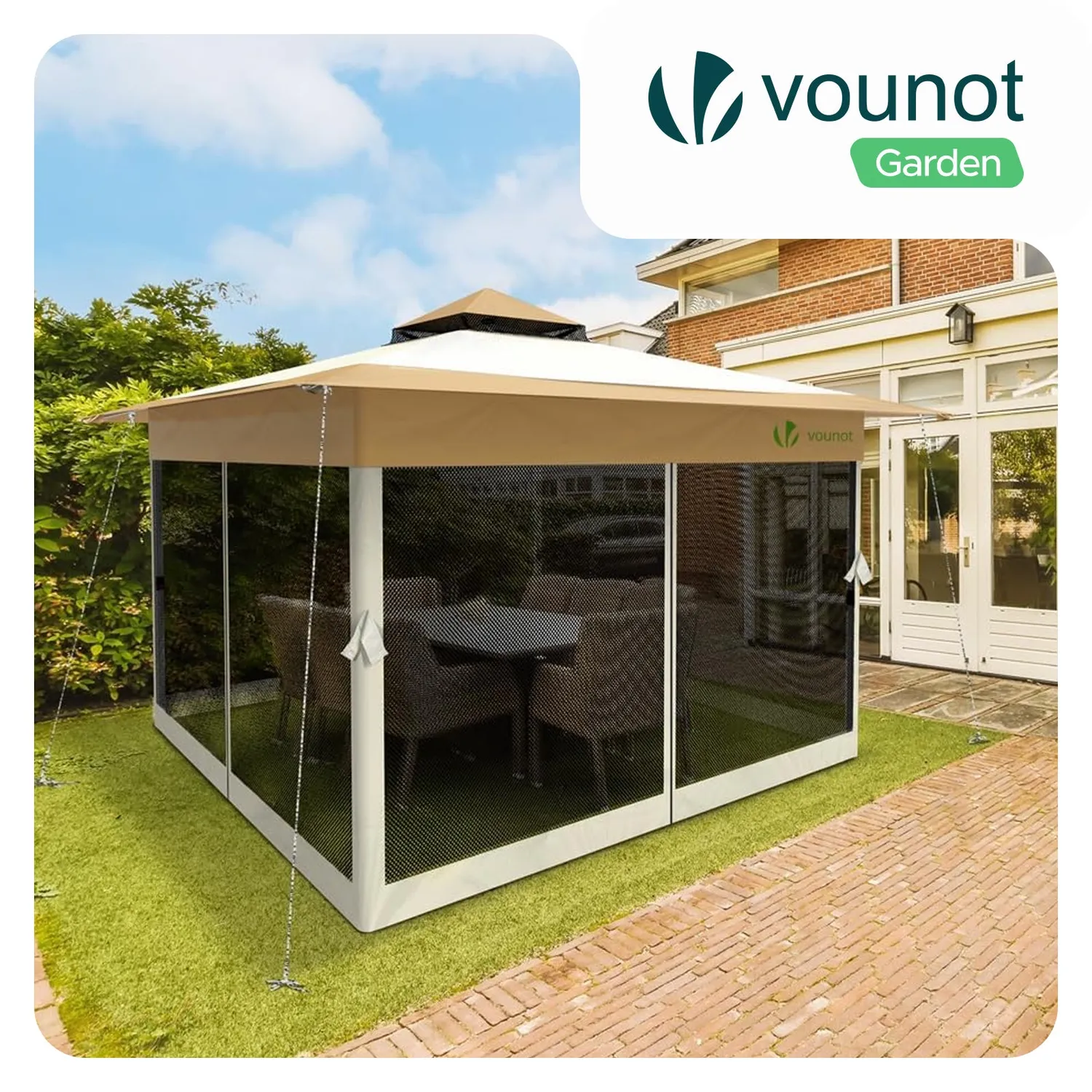 VOUNOT Gazebo Pieghevole 3,6x3,6 Beige con Zanzariera