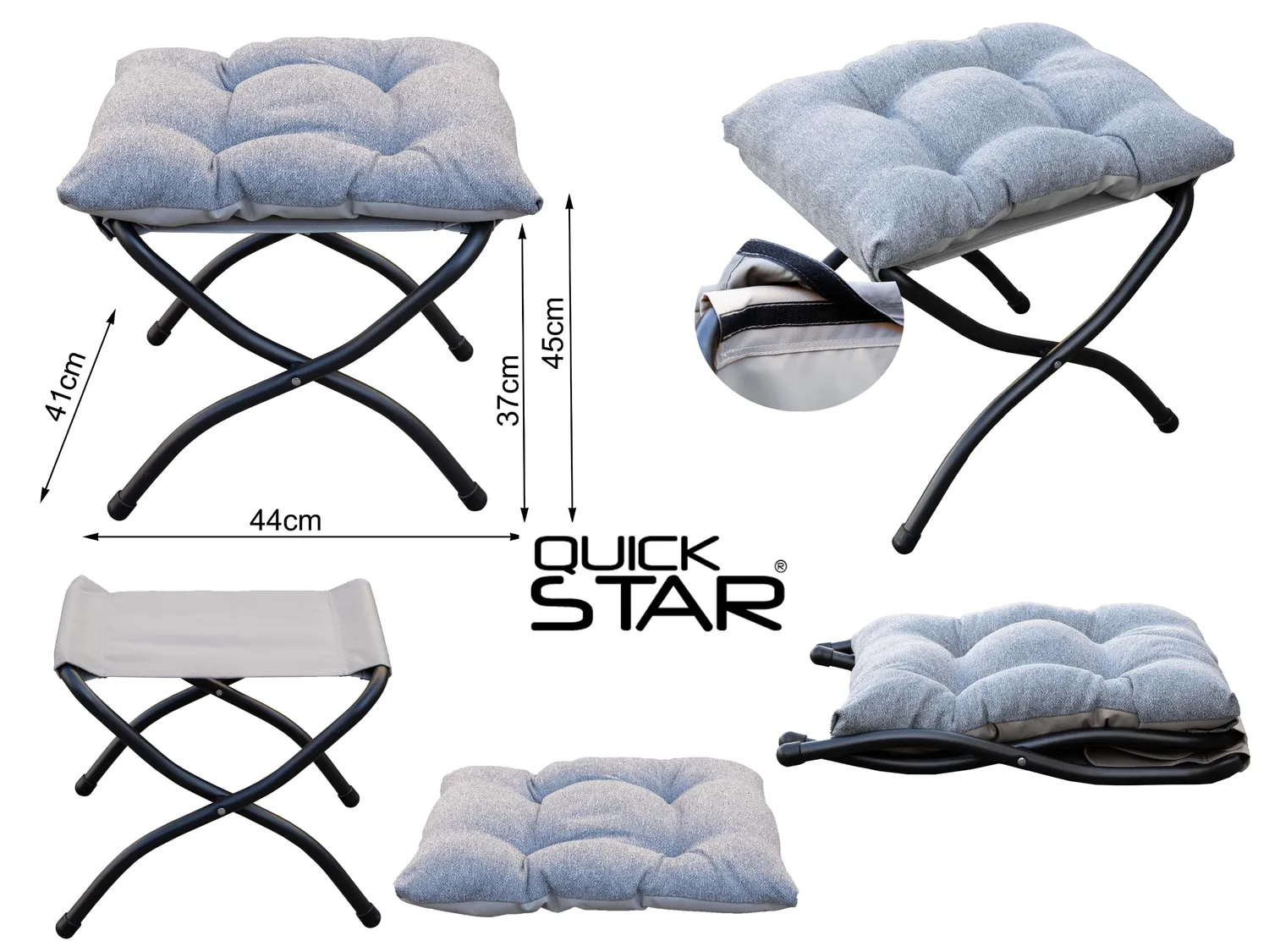 QUICK STAR Poggiapiedi Pieghevole 44x41x37 cm Grigio Imbottito