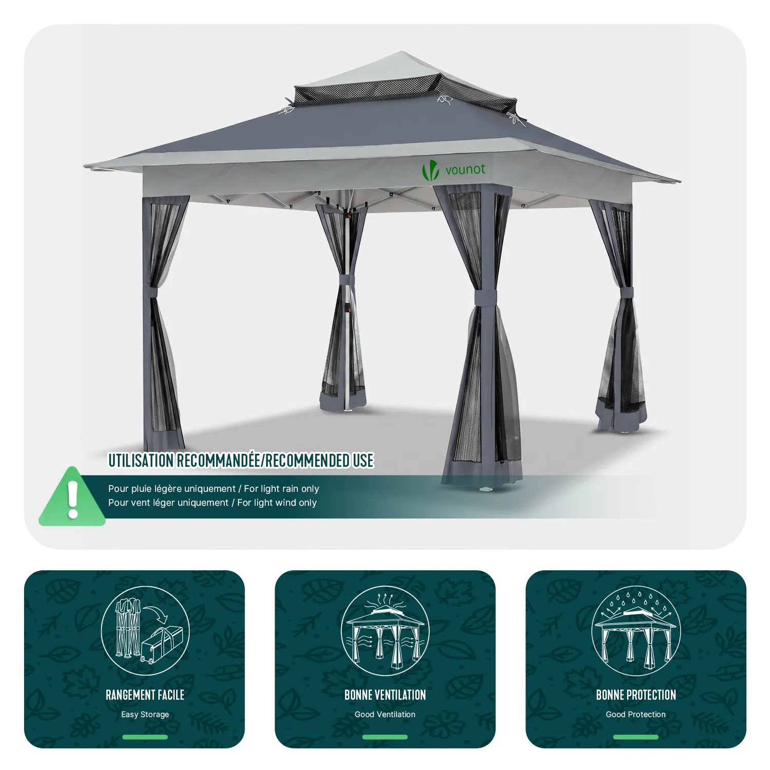 Vounot Gazebo Pieghevole 3.6x3.6m Grigio con Zanzariere