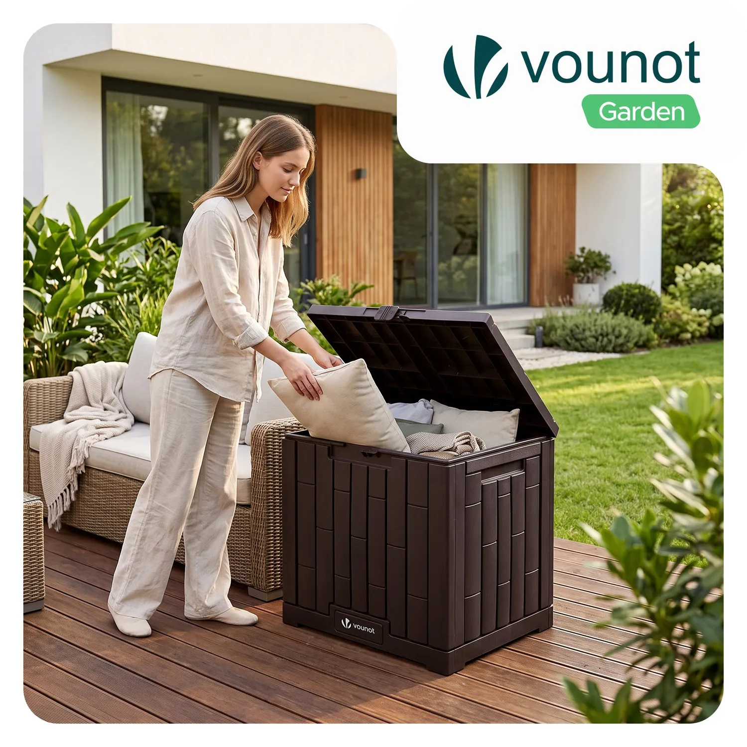 Vounot Baule da Giardino 126L Marrone 56x44x53cm Impermeabile