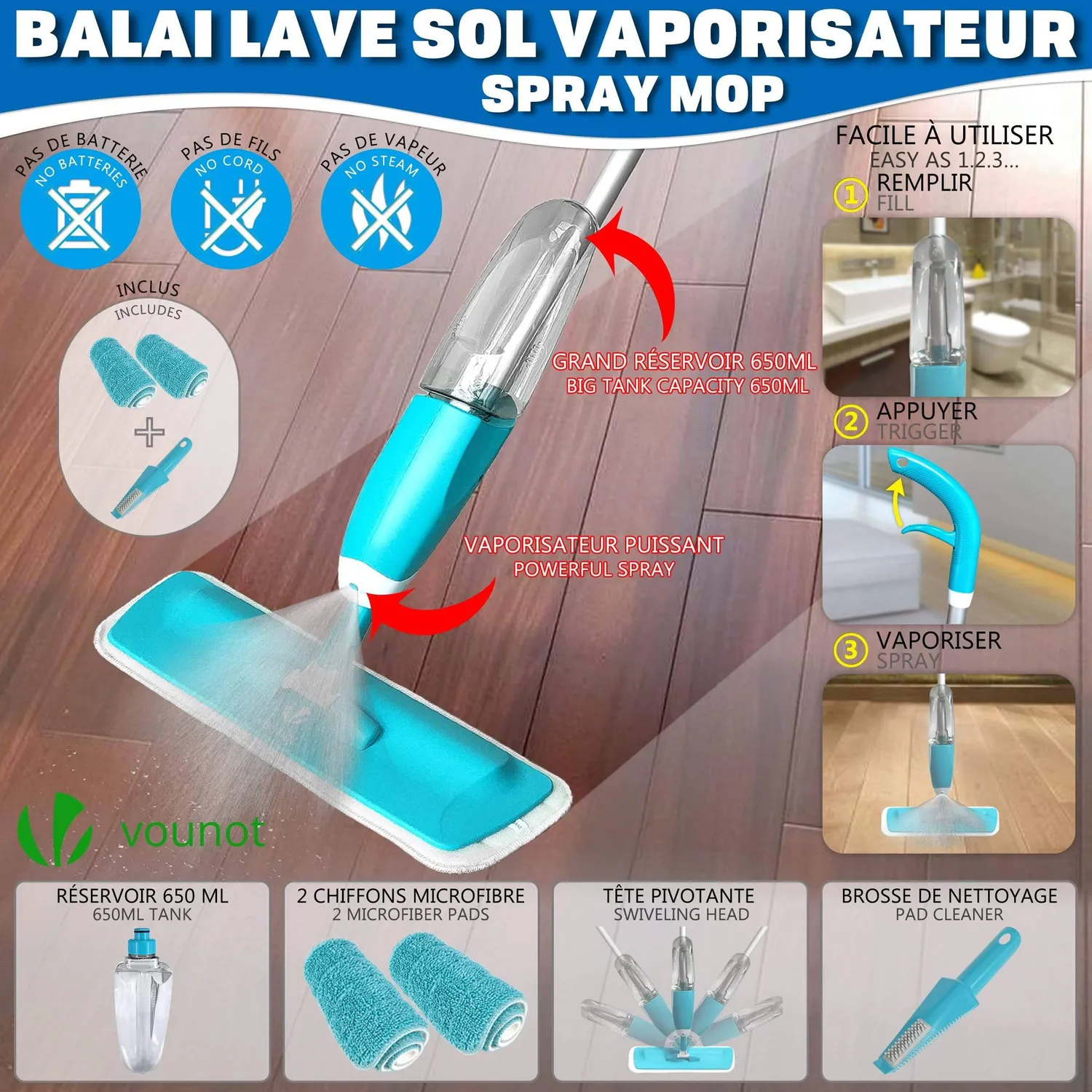 Vounot Scopa spray lavapavimenti manico 128 cm cyan