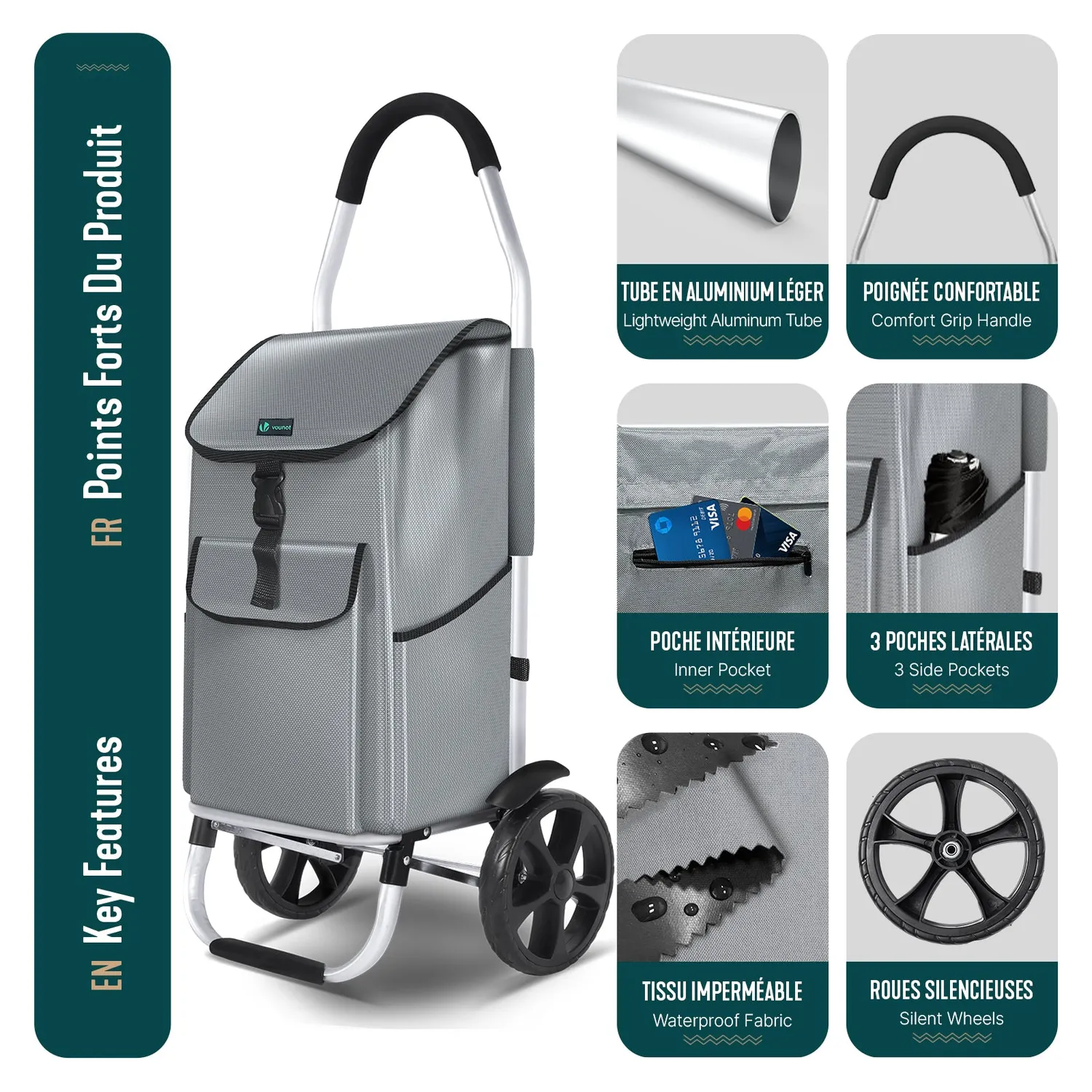 VOUNOT Carrello spesa pieghevole alluminio 2 ruote grigio 58L