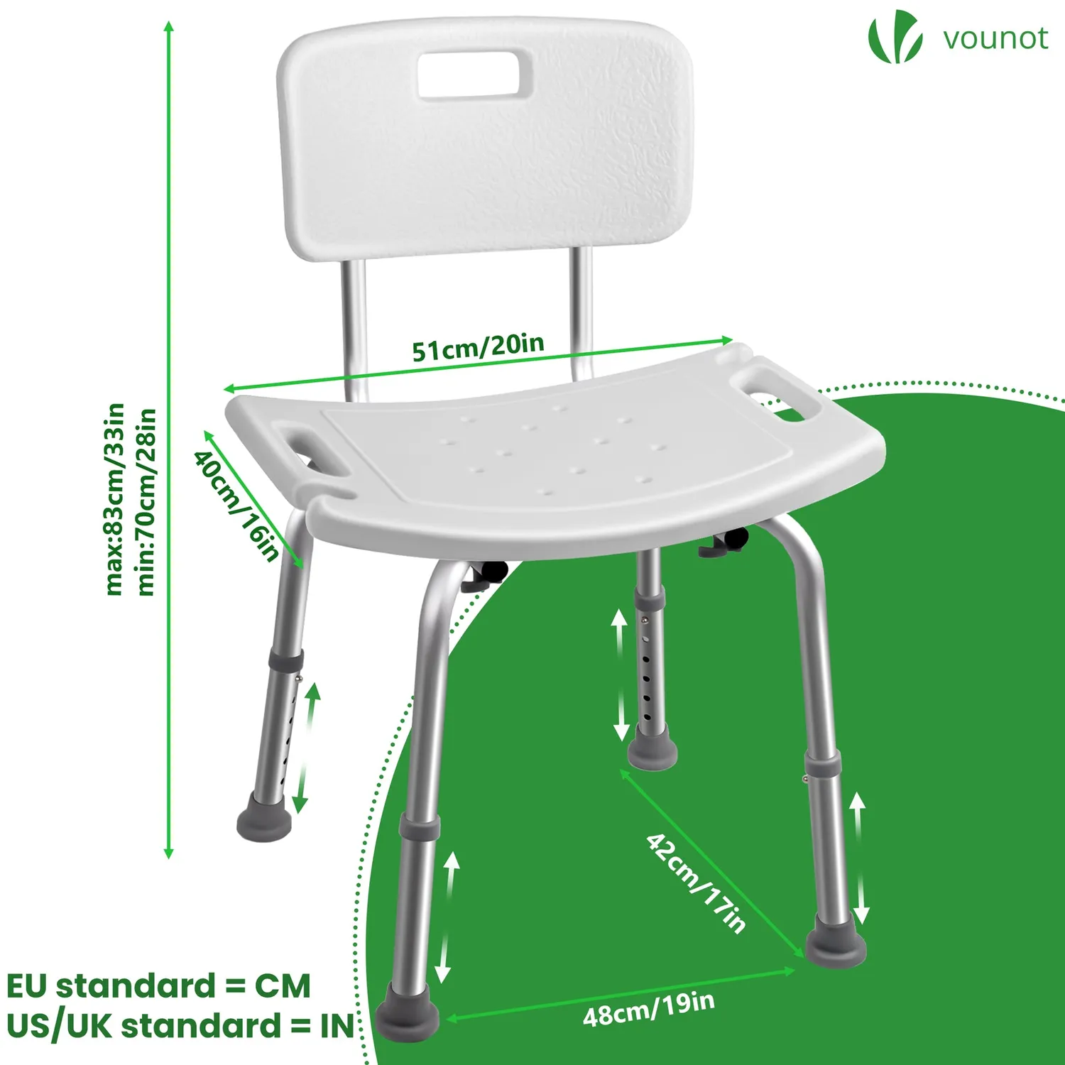 Vounot sedia doccia alluminio bianca regolabile HDPE