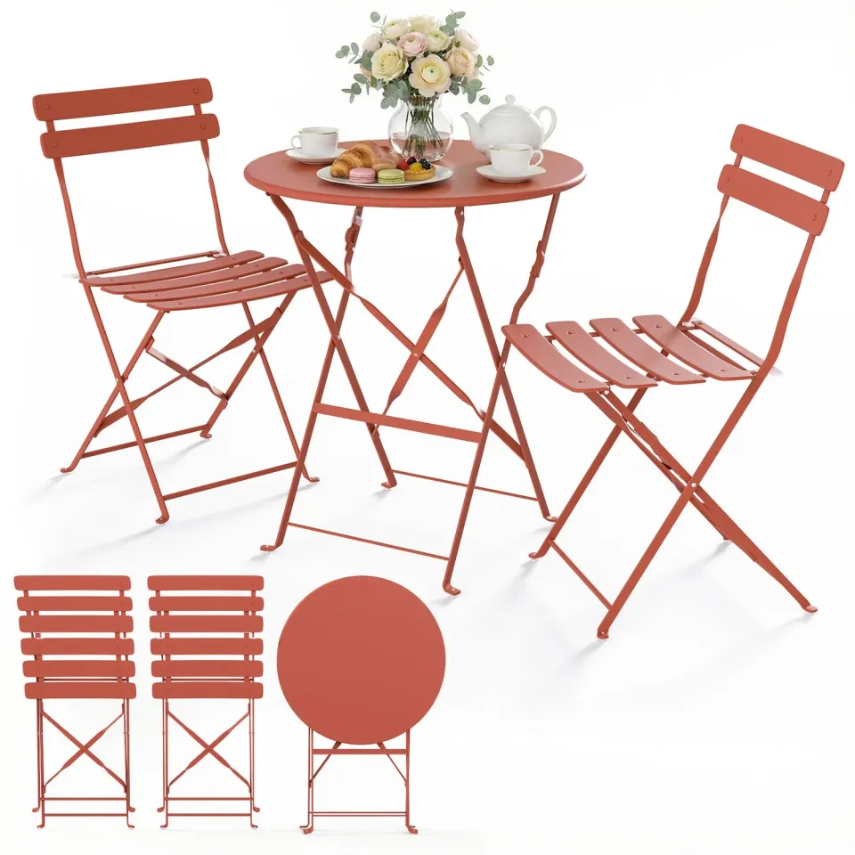 VOUNOT Set Bistrot Metallo Tavolo+2 Sedie Rosso Mattone Pieghevole